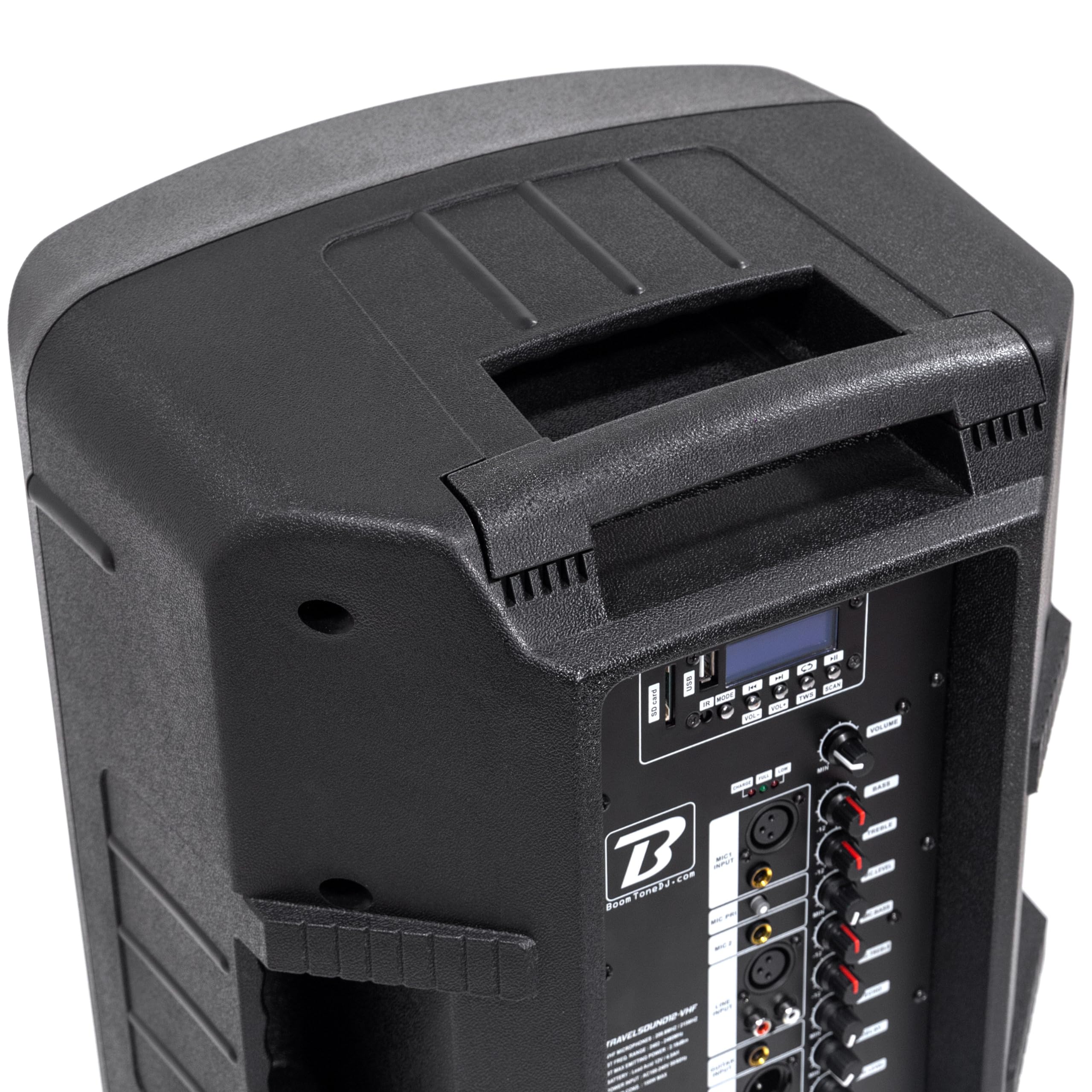 BoomTone DJ TRAVELSOUND12-VHF Système de Sonorisation Portable Noir 600W avec Bluetooth. Lecteur USB, SD et Micro Main et Serre-tête VHF Inclus. Idéal pour DJ, Karaoké, Spectacles de Rue et Fête