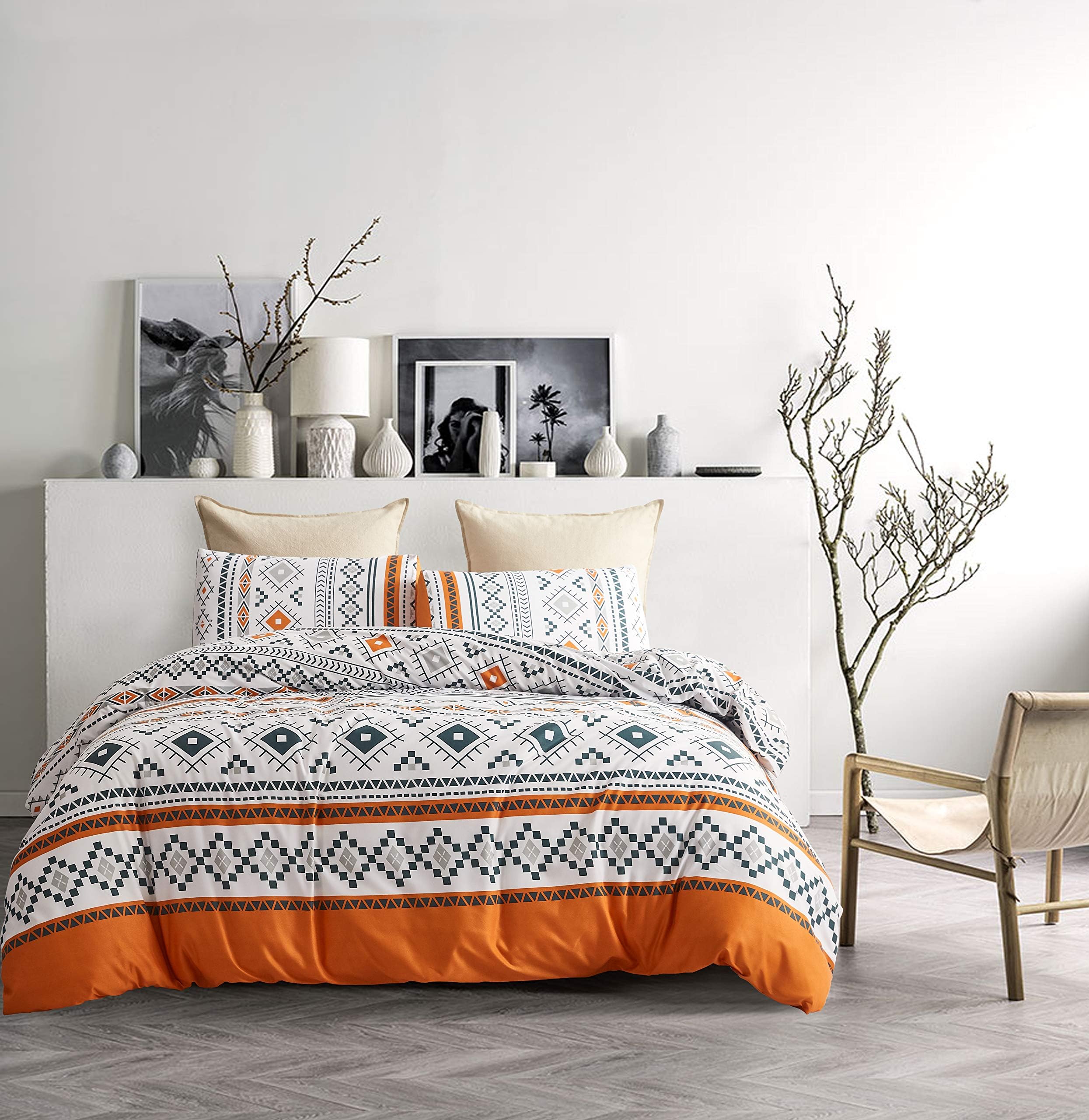YFISANBoho Duvet Cover Set King Orange Bohemian Comforter Cover Set Western 3 Pieces Geometric Lightweight Soft Farmhouse Bedding Duvet Cover Set White (Style 4, King，104"x90")