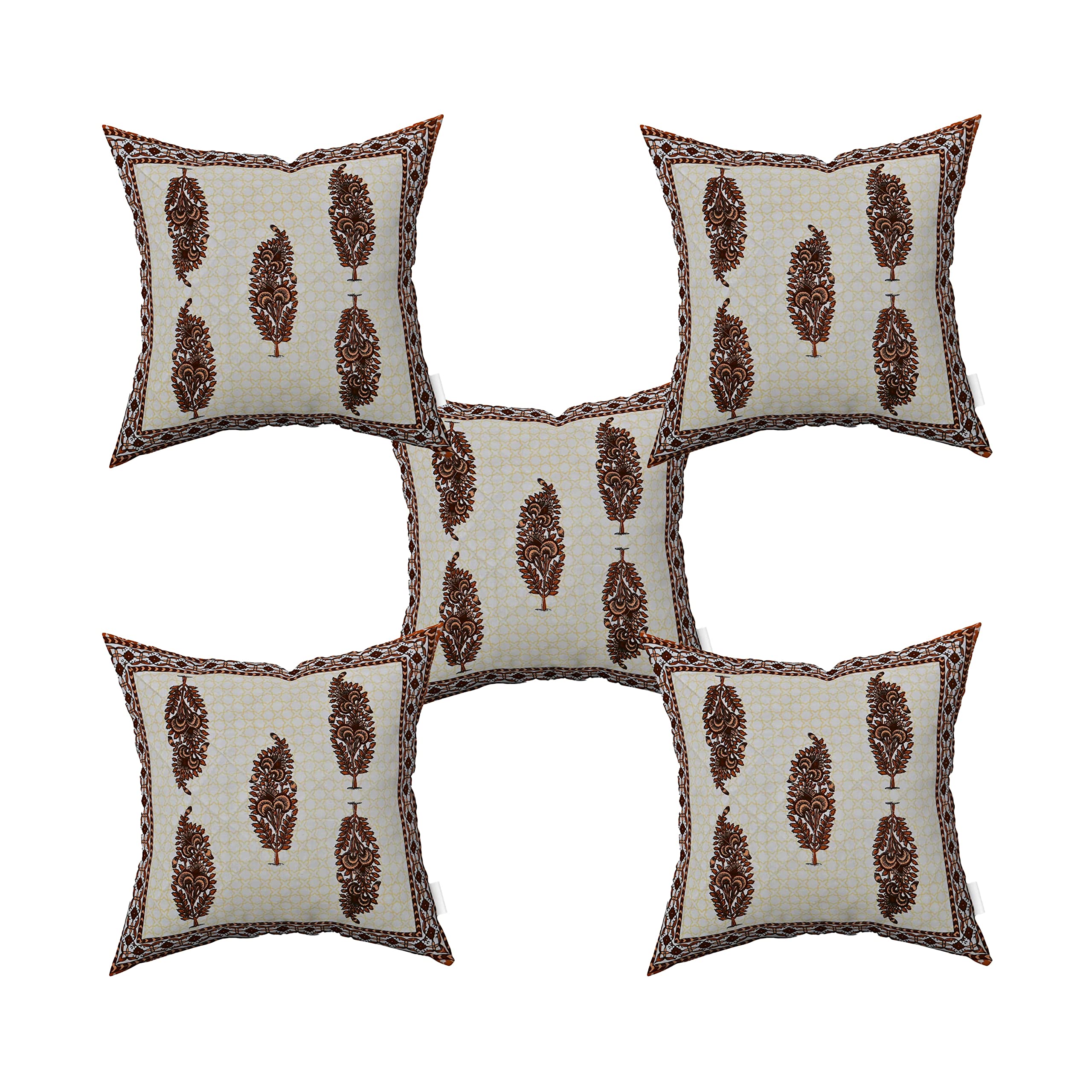 Blizz Mont | Ethnic Motif Printed Cushion Cover | Pure Cotton | Size- 16 x 16 inches- Set of 5- (BM1027-BROWN-BU)