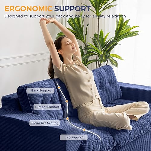 Miniatura 5 de MAXYOYO Sofá de 3 plazas para sala de estar, sofá deshuesado con cojín y respaldo copetudos, sofá tapizado, sofá en una caja, azul marino