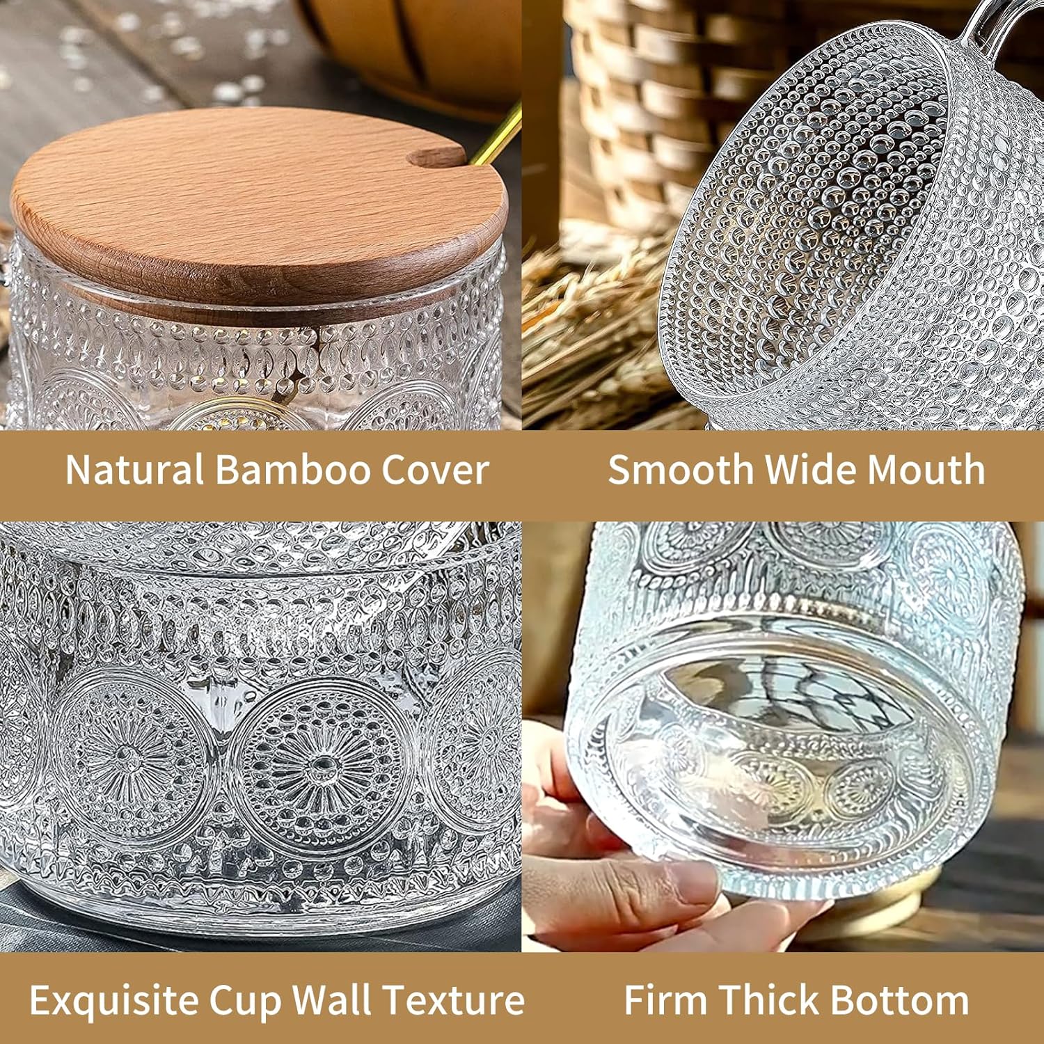 Vintage Glass Coffee Mugs,Overnight Oats Containers With Lids,Glass Cup With Sealed Lid and Spoon,Glass Coffee Mugs,Coffee Bar Accessories,Ideal for Cappuccino, Latte(6-Pack,14oz)