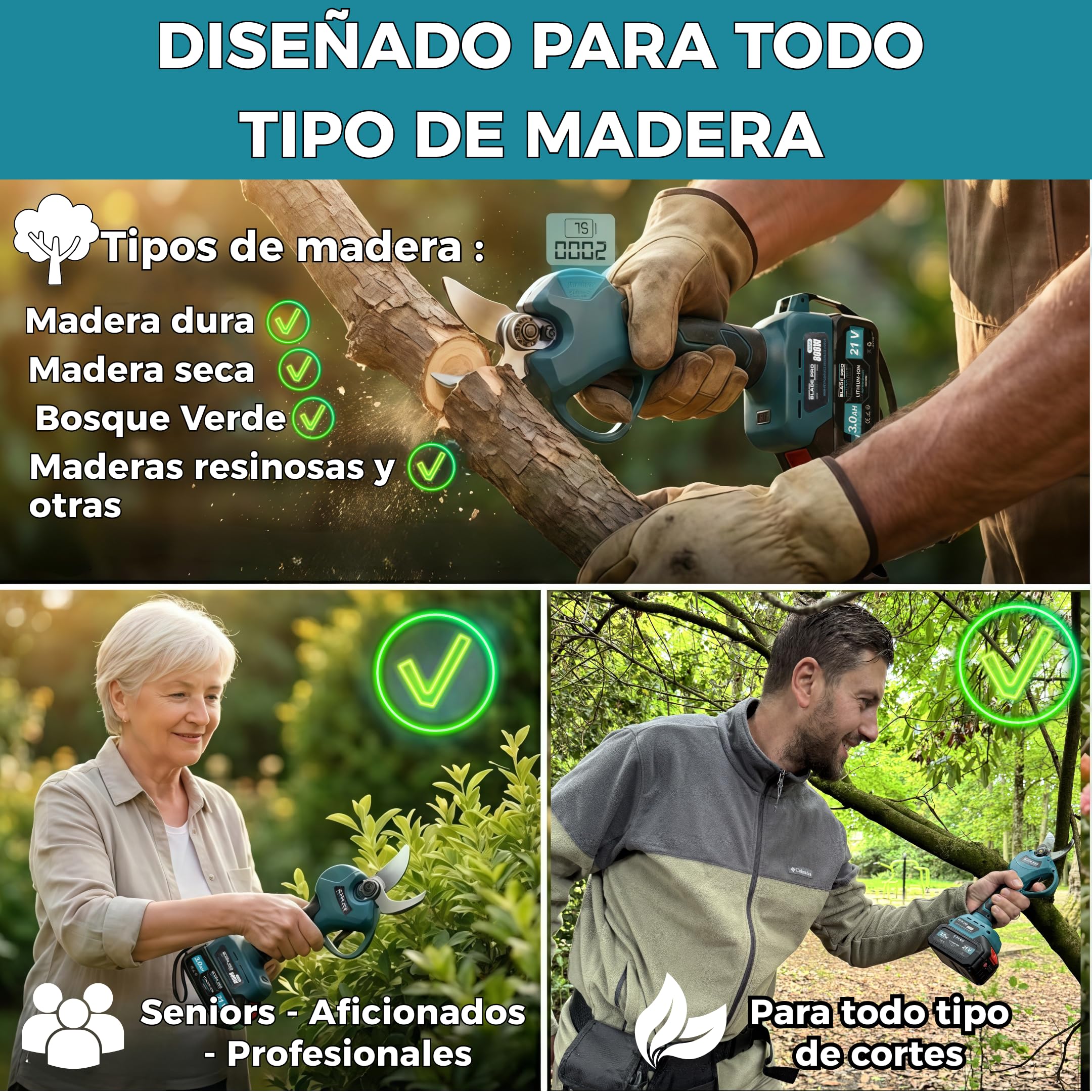 Tijeras de podar eléctricas inalámbricas 800 W – Corte 40 mm – 2 baterías de litio 6000 mAh – Tijeras de podar profesional de jardín – Kit completo (Pack pro)