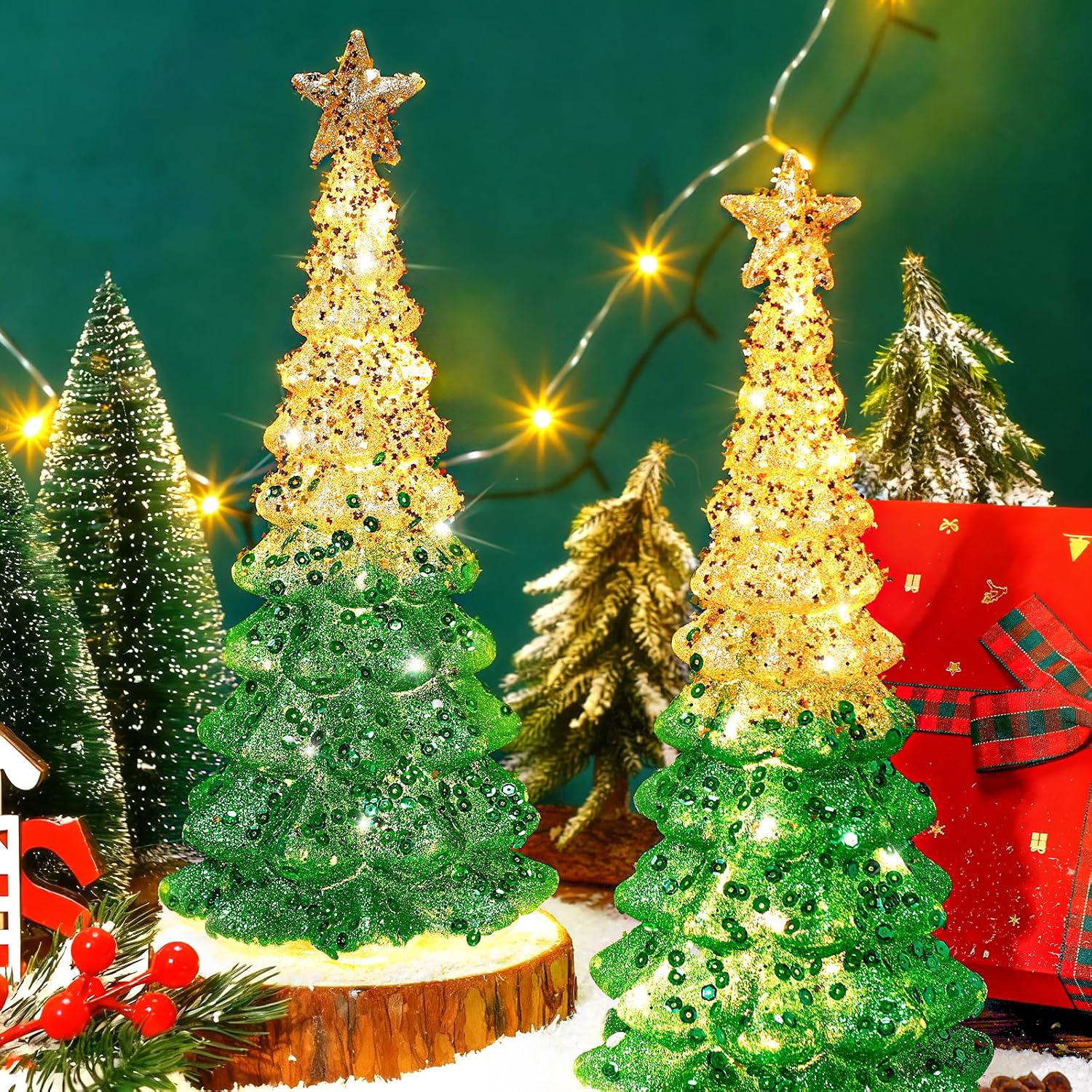 2 Pcs Mercury Glass Christmas Tree for Tabletop Light up Christmas Decor 11.6" Illuminated Glass Xmas Tree Battery Operated Xmas Table Centerpiece for Home Fireplace Festive Decor Gift(Gold)