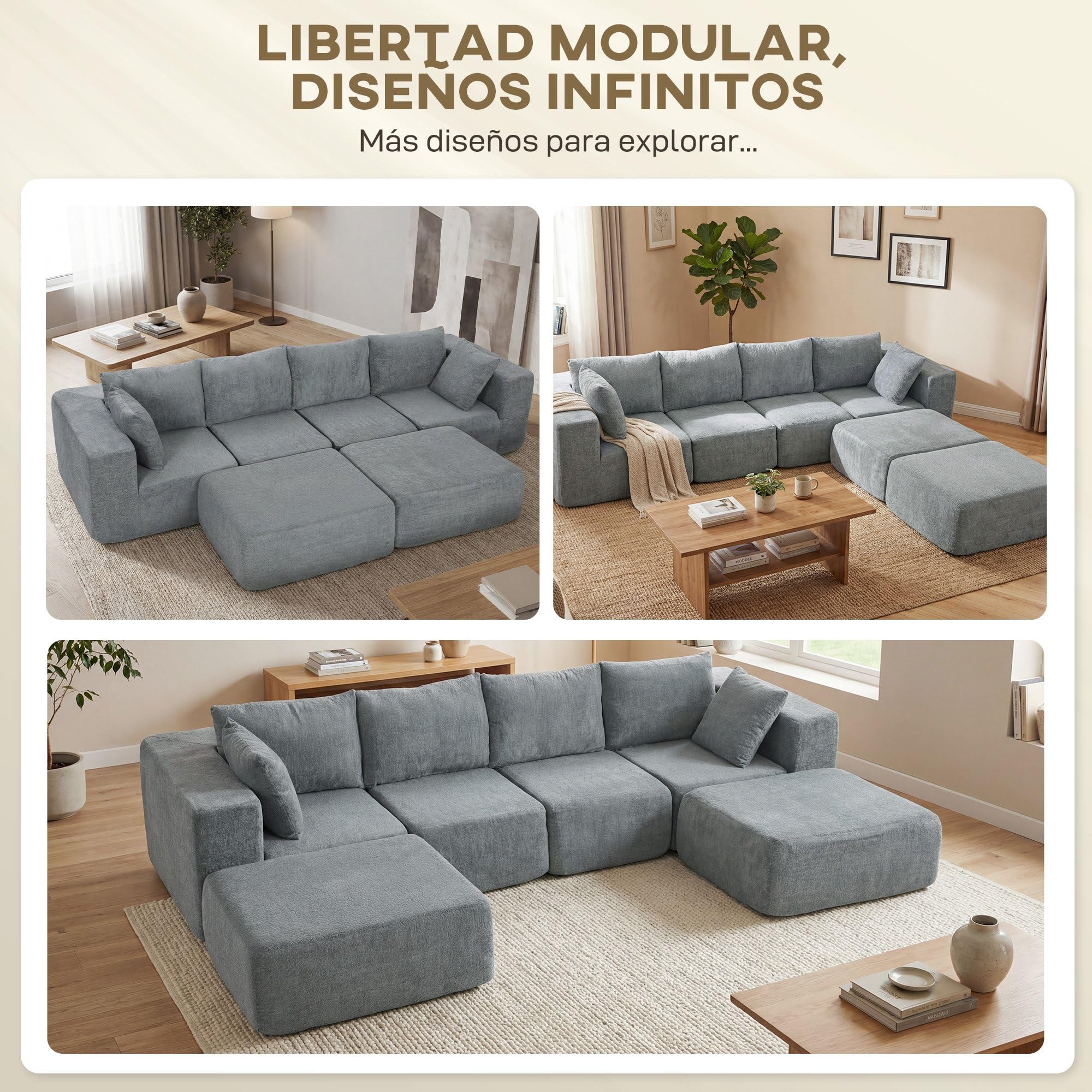 HOMCOM Sofá Modular en Forma de U 4 Plazas, 2 Taburetes Gris Oscuro | Sofá de Esquina Seccional, Almohadas, Reposabrazos Anchos, sin Montaje, Asientos Amplios y Profundos, Tapizado en Terciopelo