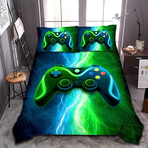 Meeting Story Gamer Gaming Bedding Sets Red Blue Lightnings Gamepad Comforter Set for Boys Games Console Action Buttons Novelty Colorful Modern Room Decor Home Quilt Set (Blue-Green, Full)