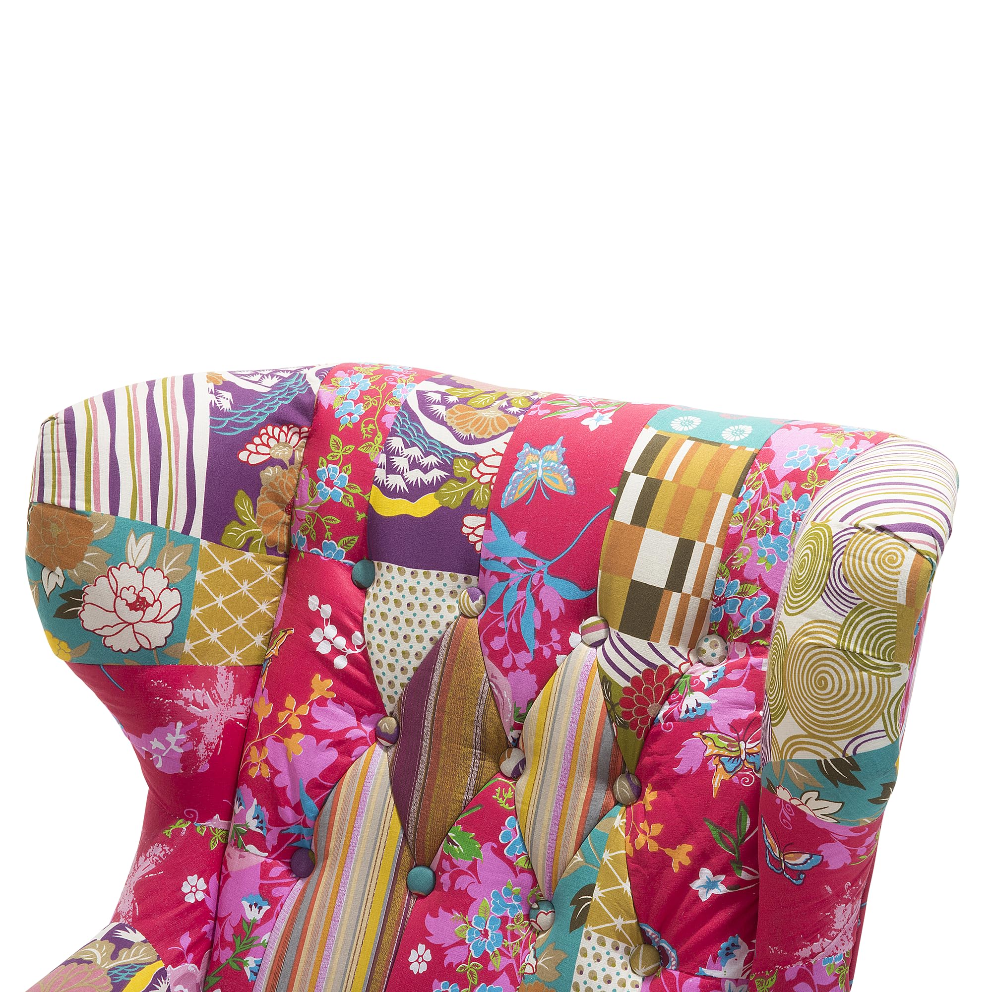 Beliani Sillón orejero tapizado en Tela Multicolor Patchwork Acolchado con Botones Patas de Madera Molde