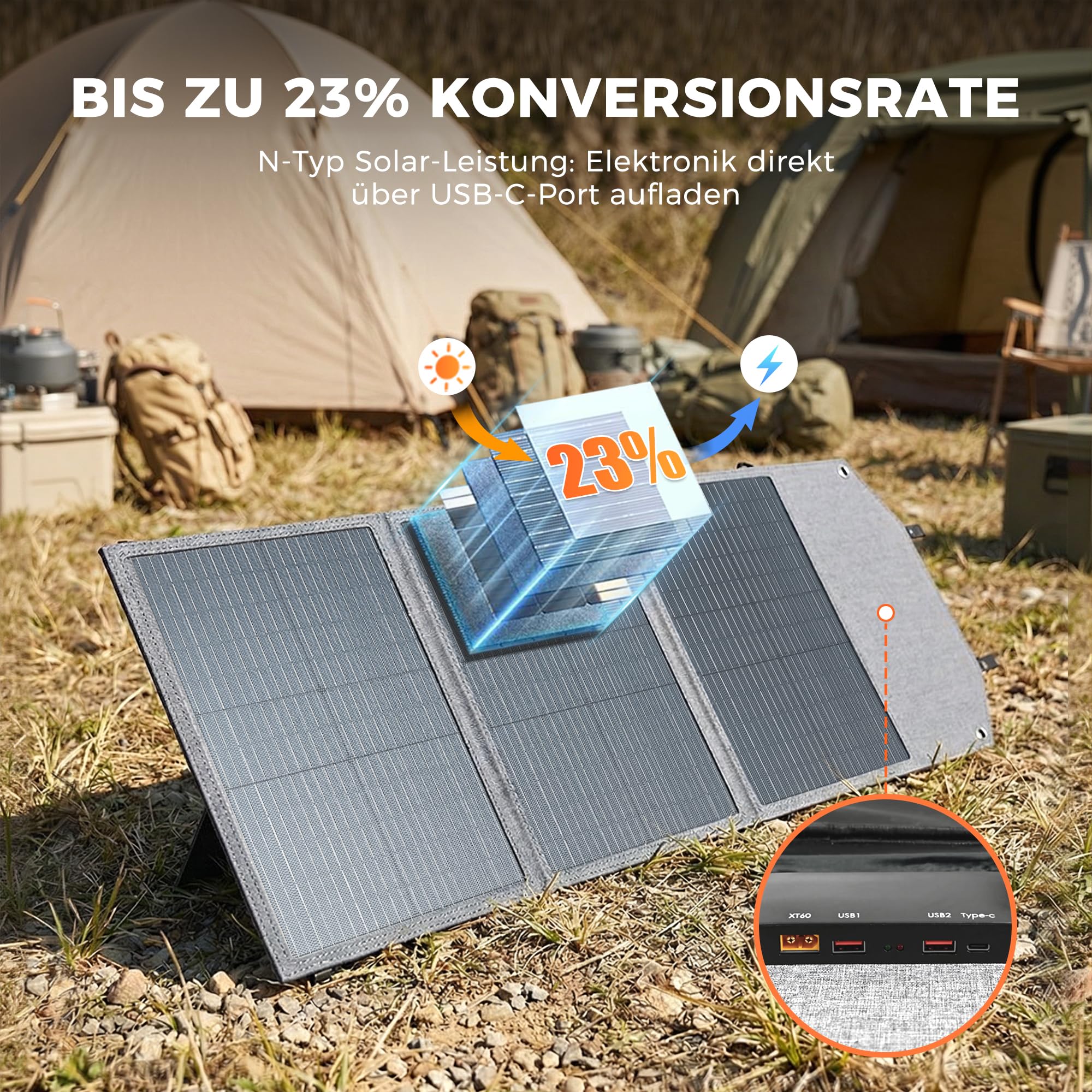 Panel Solar Plegable 100W Monocristalino Portátil Tipo N Impermeable