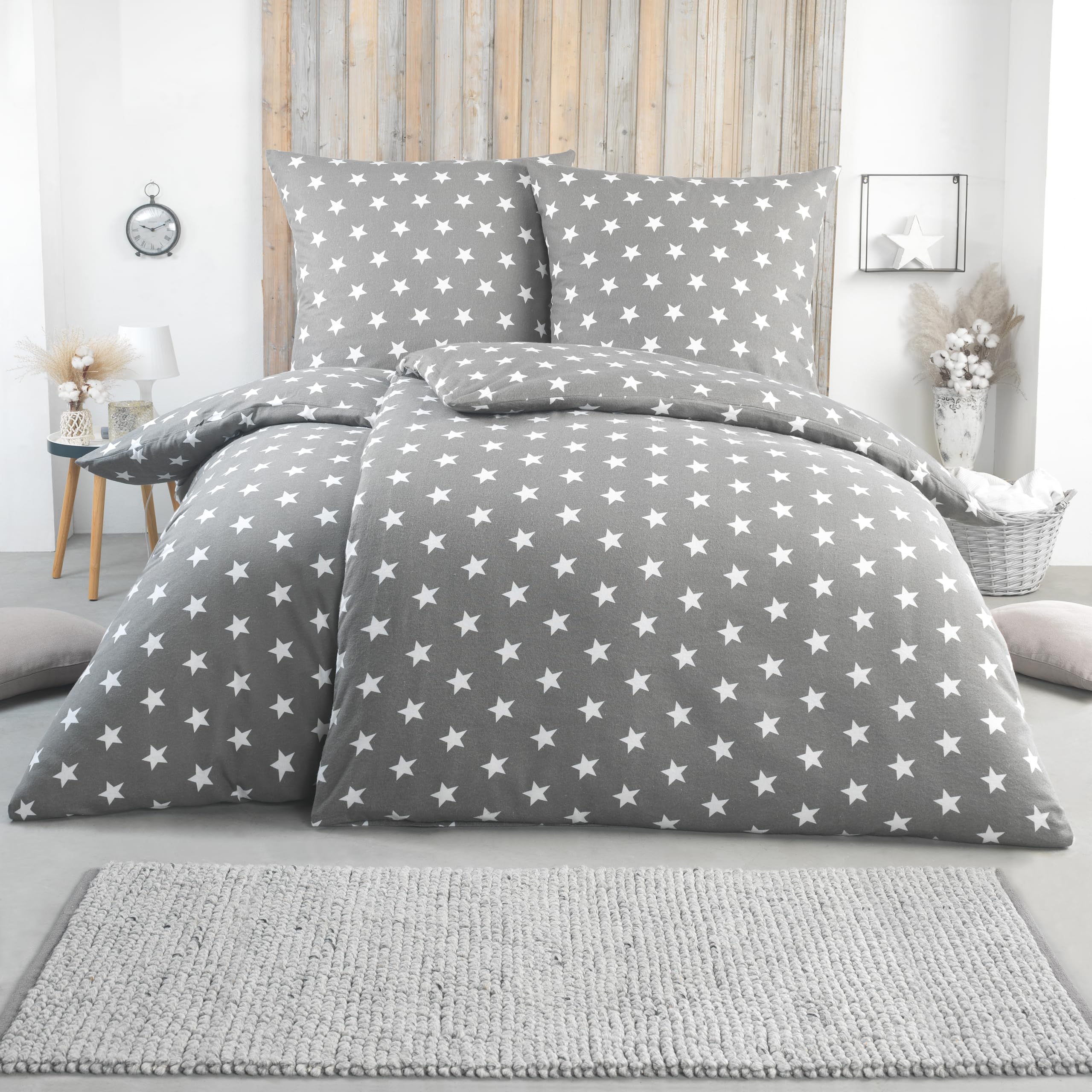 BaSaTex Biber Flanell Bettwäsche, 4tlg, 135x200 cm, Sterne Grau | 100% Baumwolle, Biber Flanell Qualität, Weich, Wärmend, Reißverschluss, Öko_Tex Standard