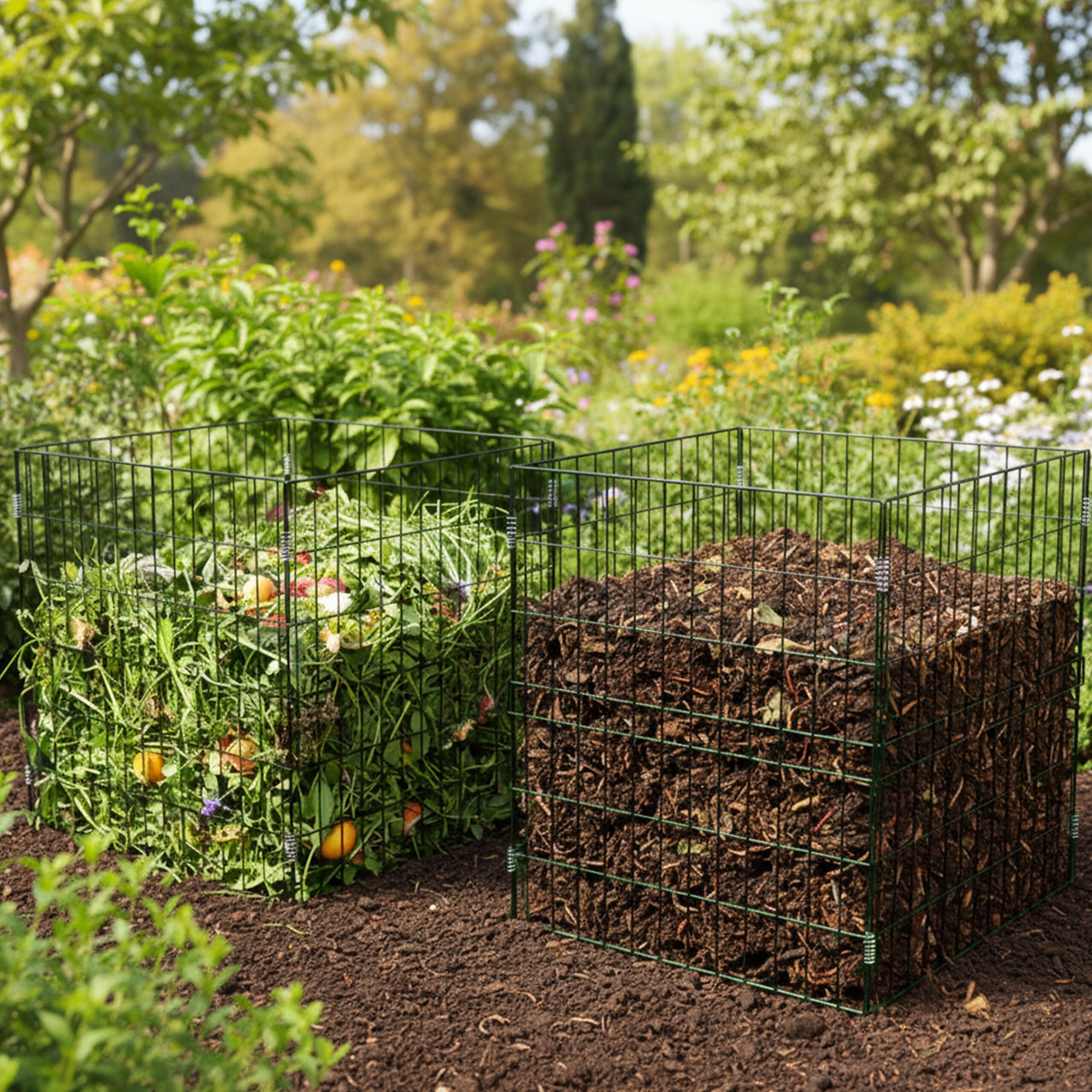 Relaxdays Compostiera metallo, set da 2, giardino, 76x76x76 cm, rete acciaio verniciata, verde