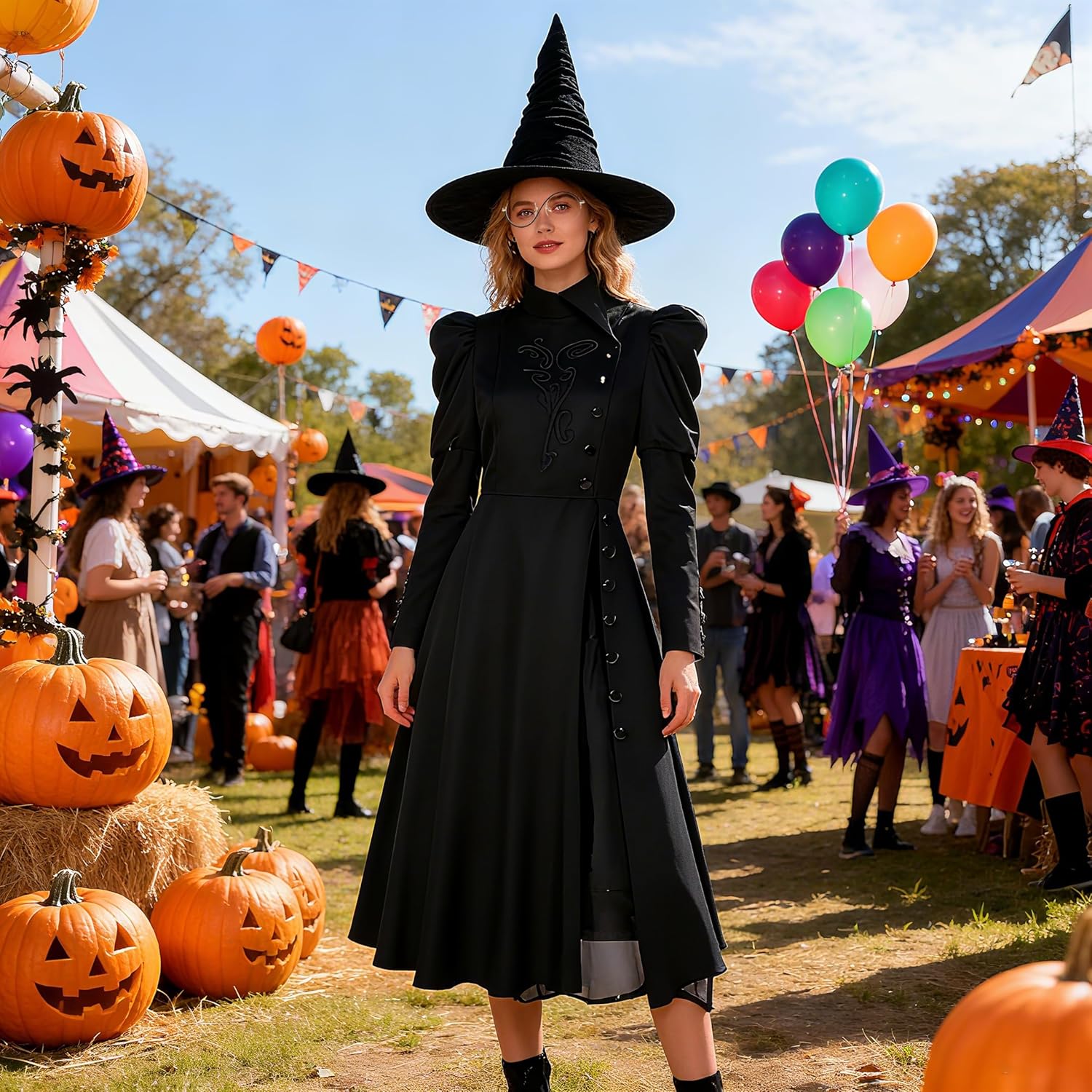 Eelphabba Costume, Wicked Costume Women Set with Hat & Glasses, Black Dress for Halloween Cosplay Themed Party