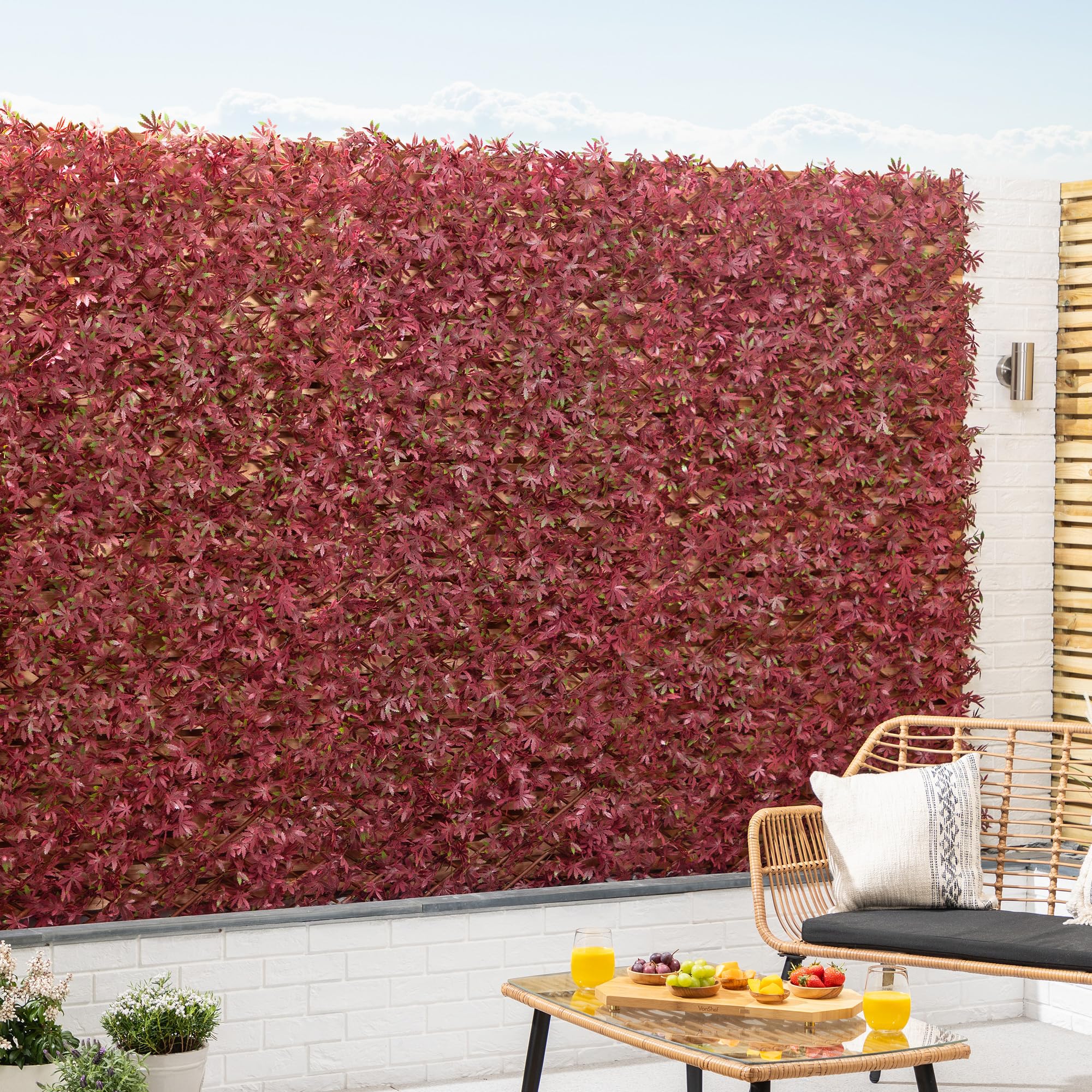 CHRISTOW Artificial Red Acer Trellis, Expanding Garden Privacy Screening, Decorative Willow Fence Wall Screen, Expandable Natural Willow Fencing Panel, Faux Leaf Outdoor Hedge, UV Stabilised 1m x 2m