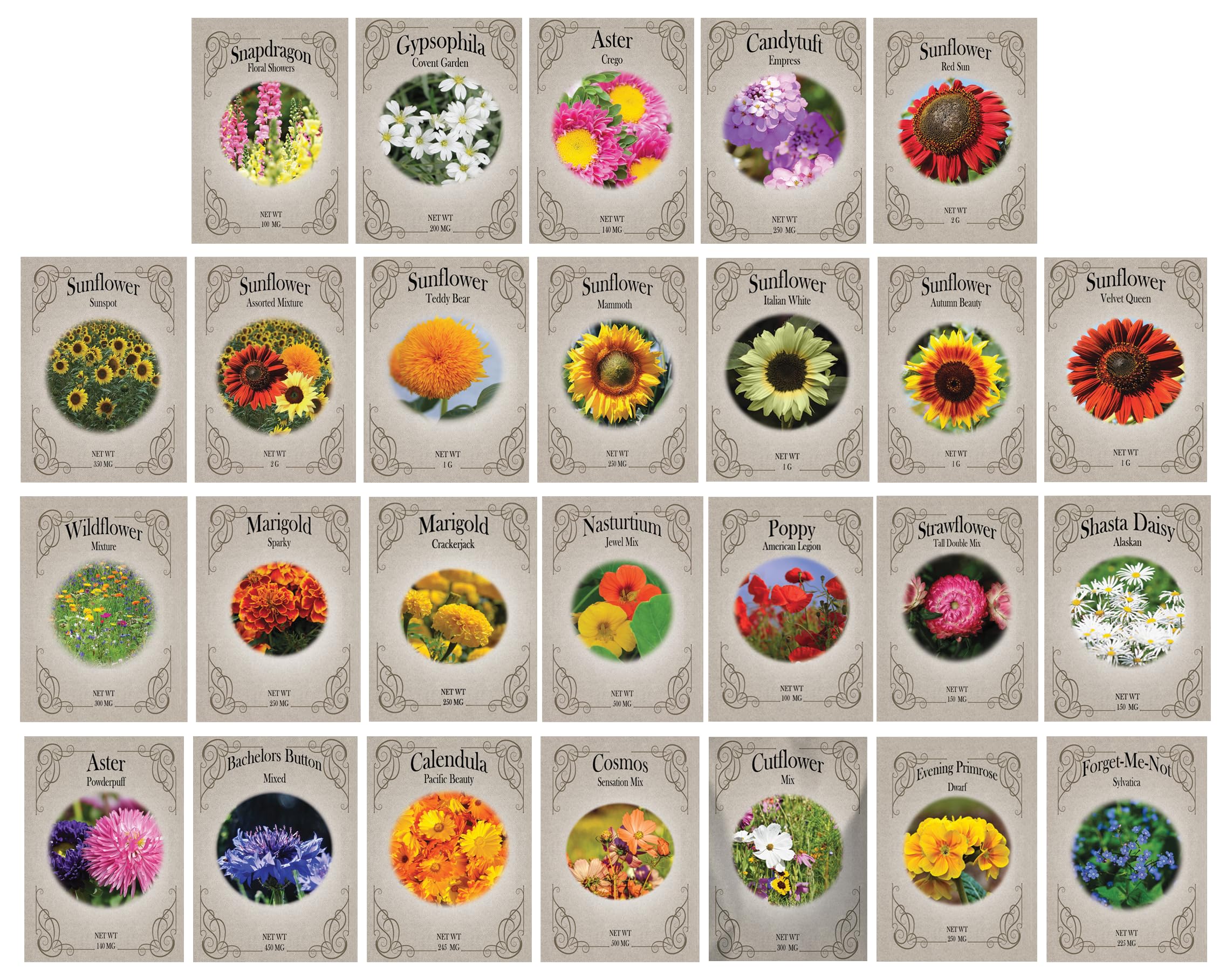 Flower Seed Set - Flower Varieties of Non-GMO & Heirloom Premium Seeds for Planting - Sunflower, Marigold, Lavender, and More! (26, Set 1)