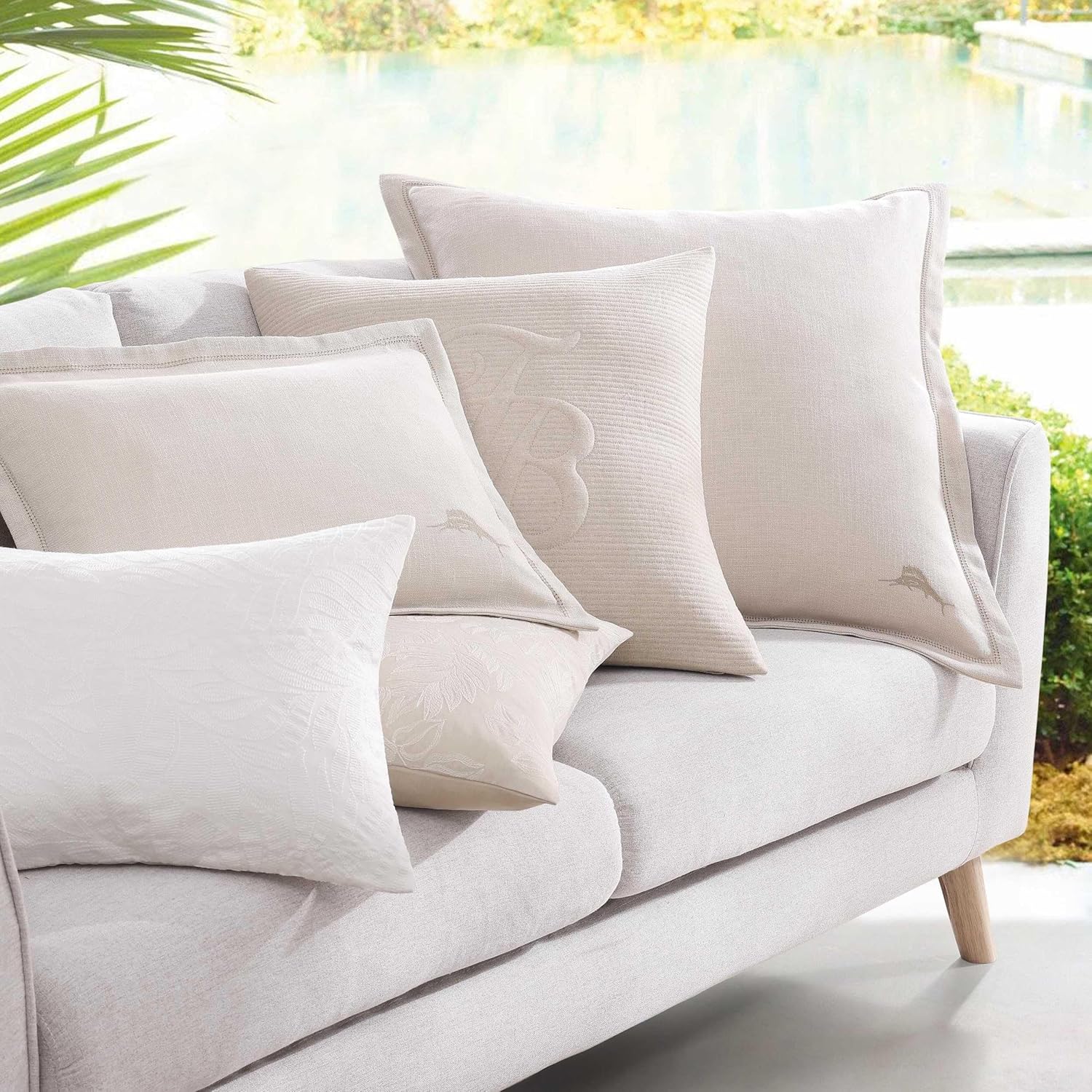 Tommy Bahama Throw Pillow Soft Cotton with Zipper Closure, Tropical Design, Ideal for Bed or Couch, 20" x 20", Island Estate Embroidered Beige