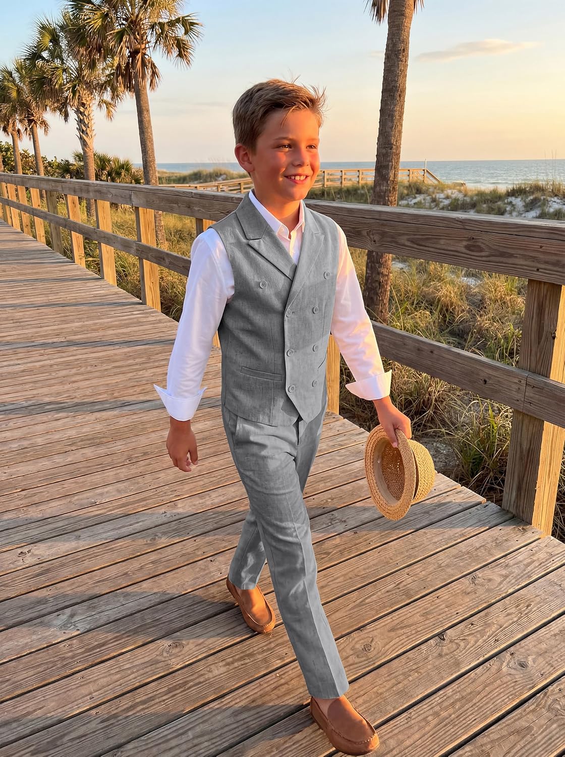 Boys Linen Suit Slim Fit Kids 5 Piece Casual Summer Suits Set