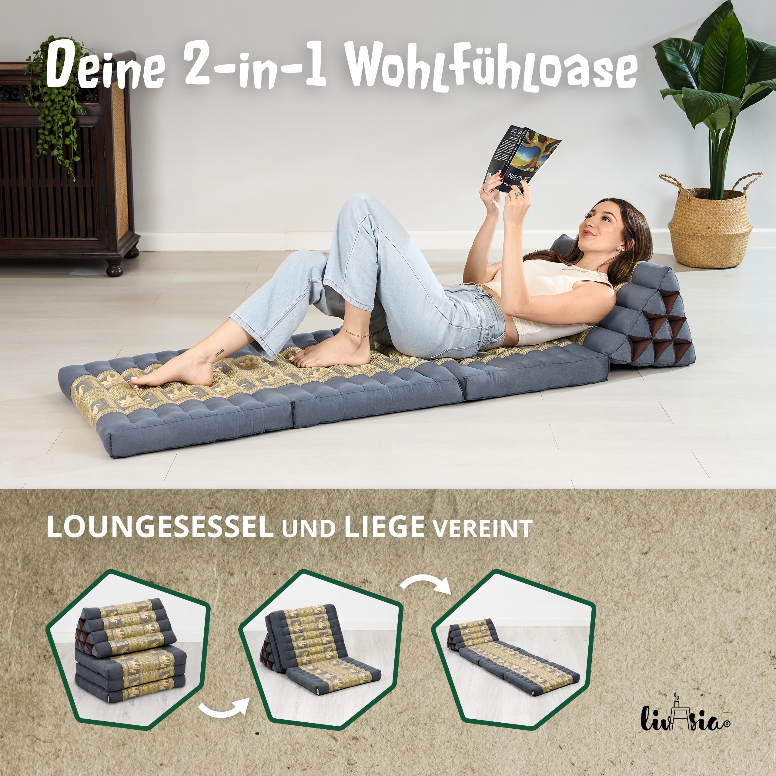 livasia Thaikissen 3 Auflagen Thaiseide - 175x55x8cm - Dreieckskissen mit Klappmatratze, Rückenkissen faltbar, Thaimatte zum Klappen, Kapok handgefertigt, Meditationskissen (Grau/Elefanten Seide)
