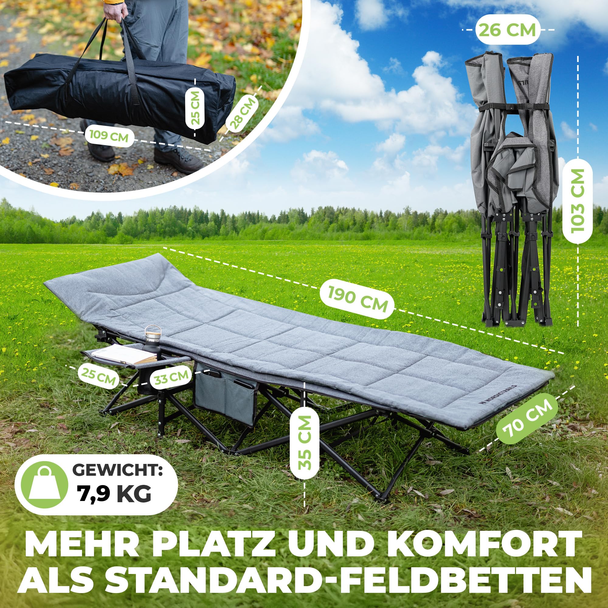 𝐍𝐎𝐑𝐃𝐈𝐂𝐓𝐑𝐀𝐈𝐋𝐒 Feldbett klappbar [Campingbett] XXL Campingliege | Faltbar, leicht & breit für Outdoor | Gästebett klappbar, Liege, Klappbett, Angelliege, Camping Karpfenliege | Mit Auflage