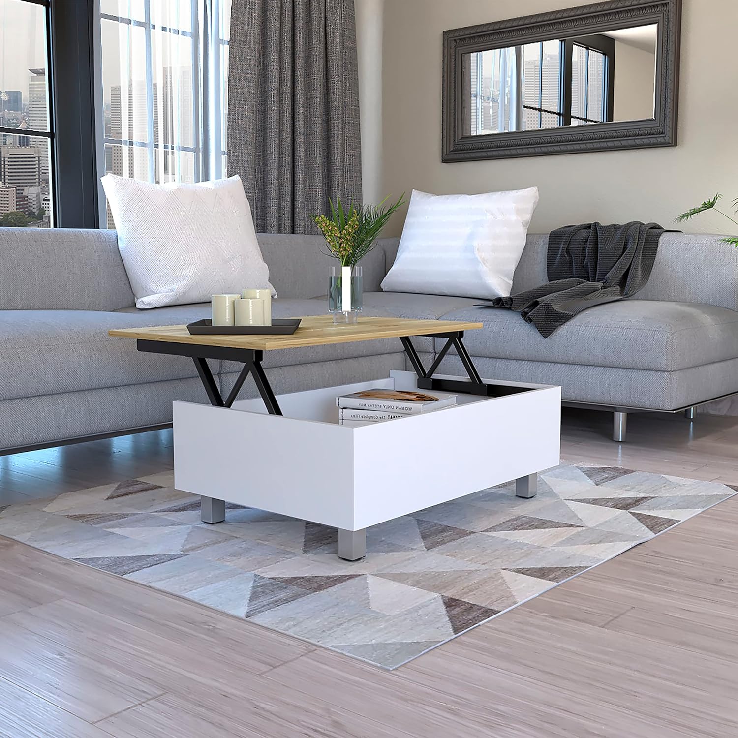 Rectangular Rustic Lift-Top Coffee Table - Farmhouse End Table with Door and Open Shelf, Rustic Tea Table, Side Table for Bedroom, Living Room (White/Light Oak)