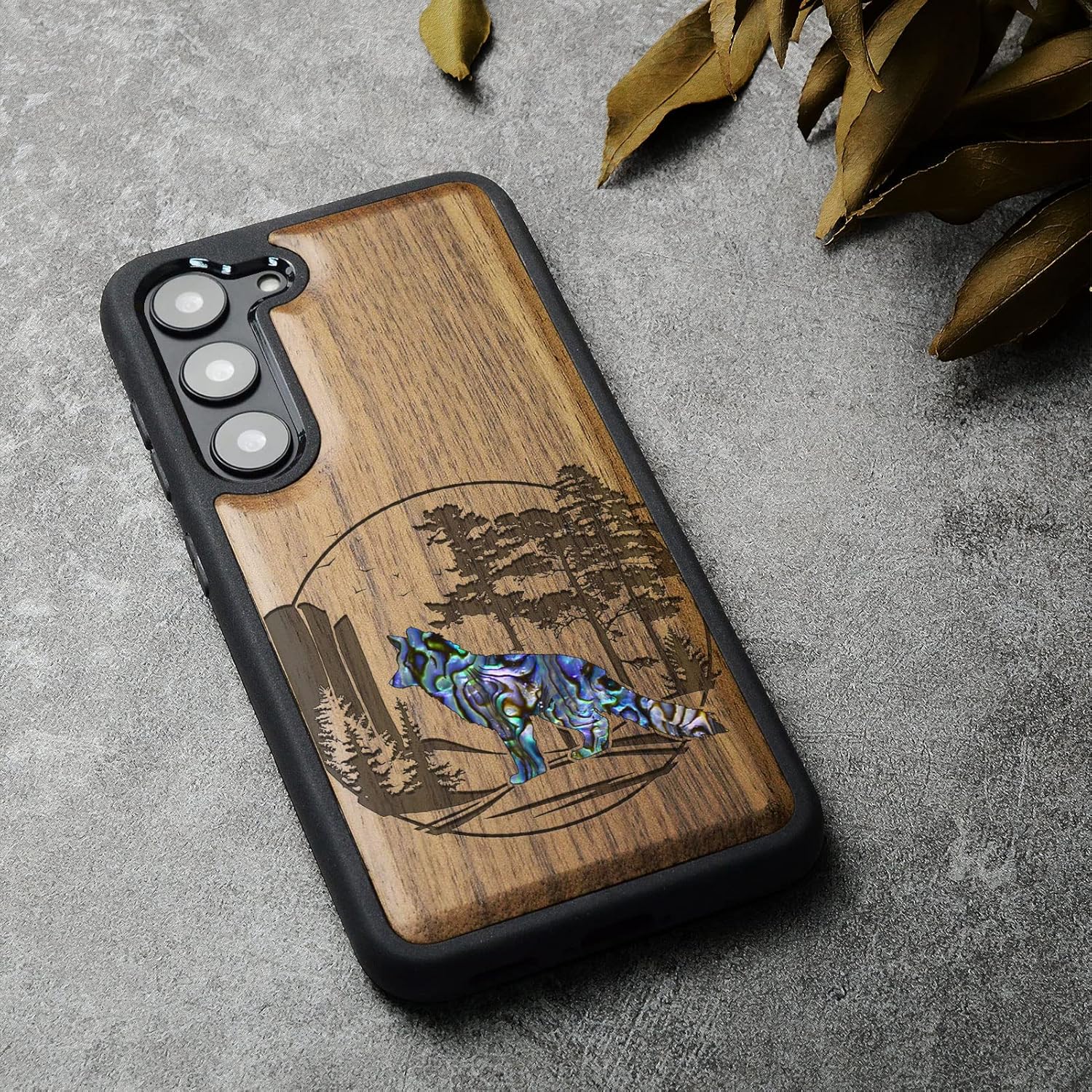 Carveit Designer Wooden Case for Samsung Galaxy S23 Plus Cover [Wood Engraving & Shell Inlay] Compatible with Wireless Chargers Galaxy S23 Plus Case (Fox and Woods-Walnut)