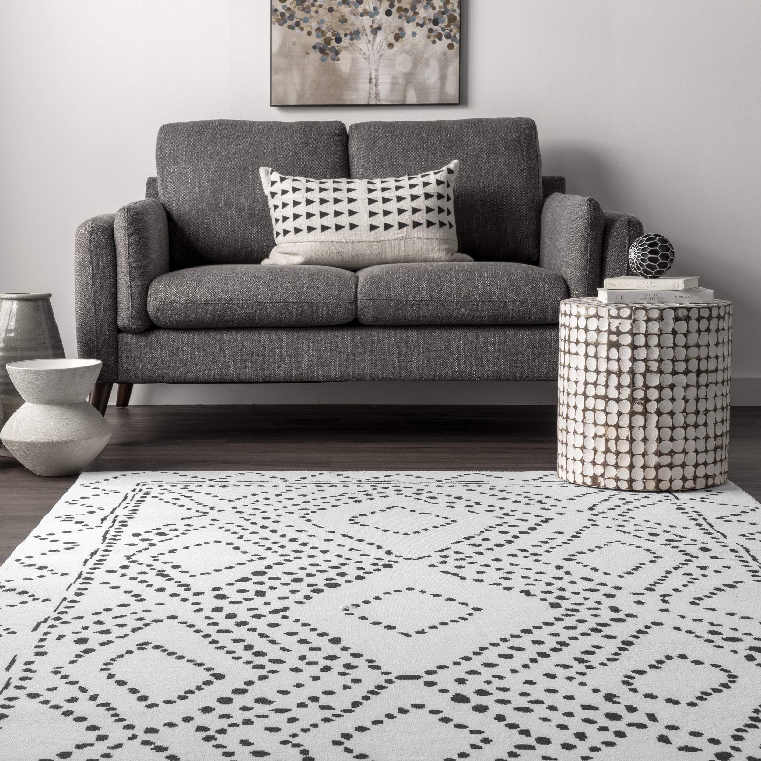 nuLOOM Mila Machine Washable Diamond Trellis Ultra Thin Area Rug, 8' Square, White