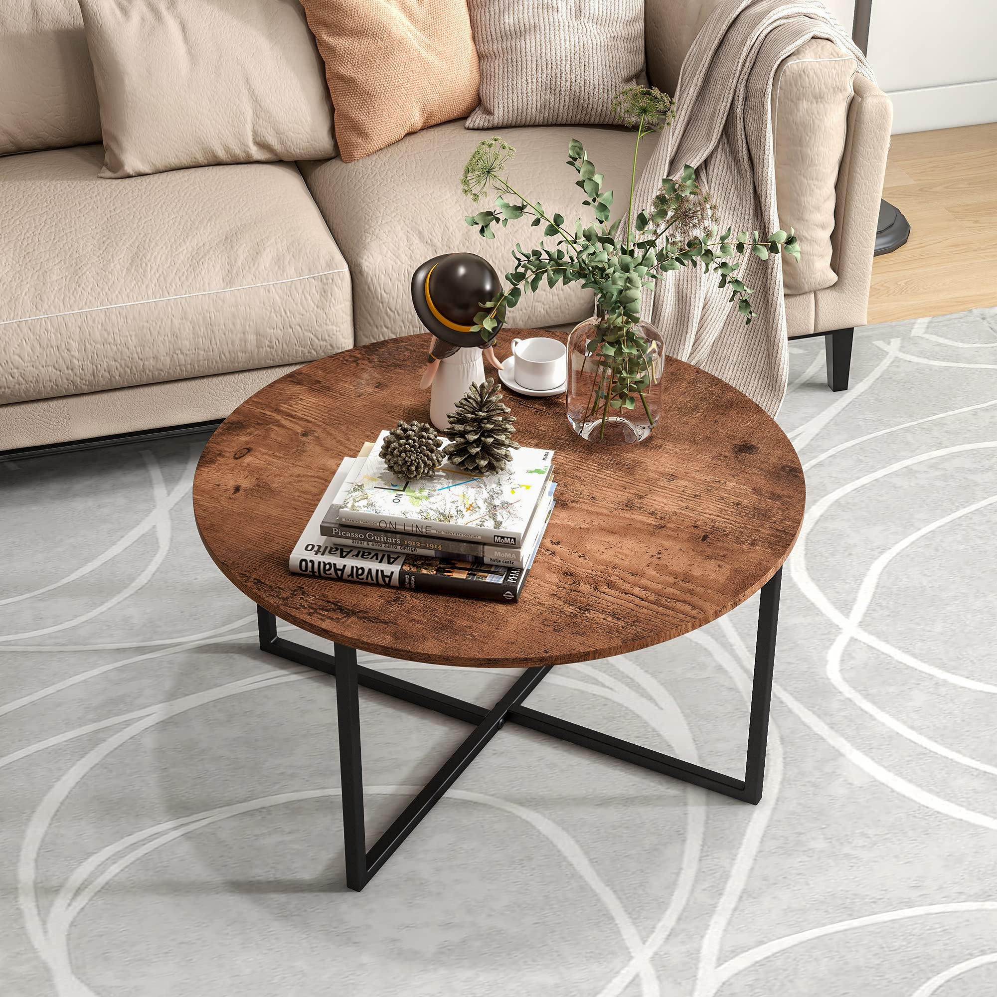 HOJINLINERO Mesa de centro redonda industrial, mesa de té y café, mesa auxiliar de madera con patas de metal