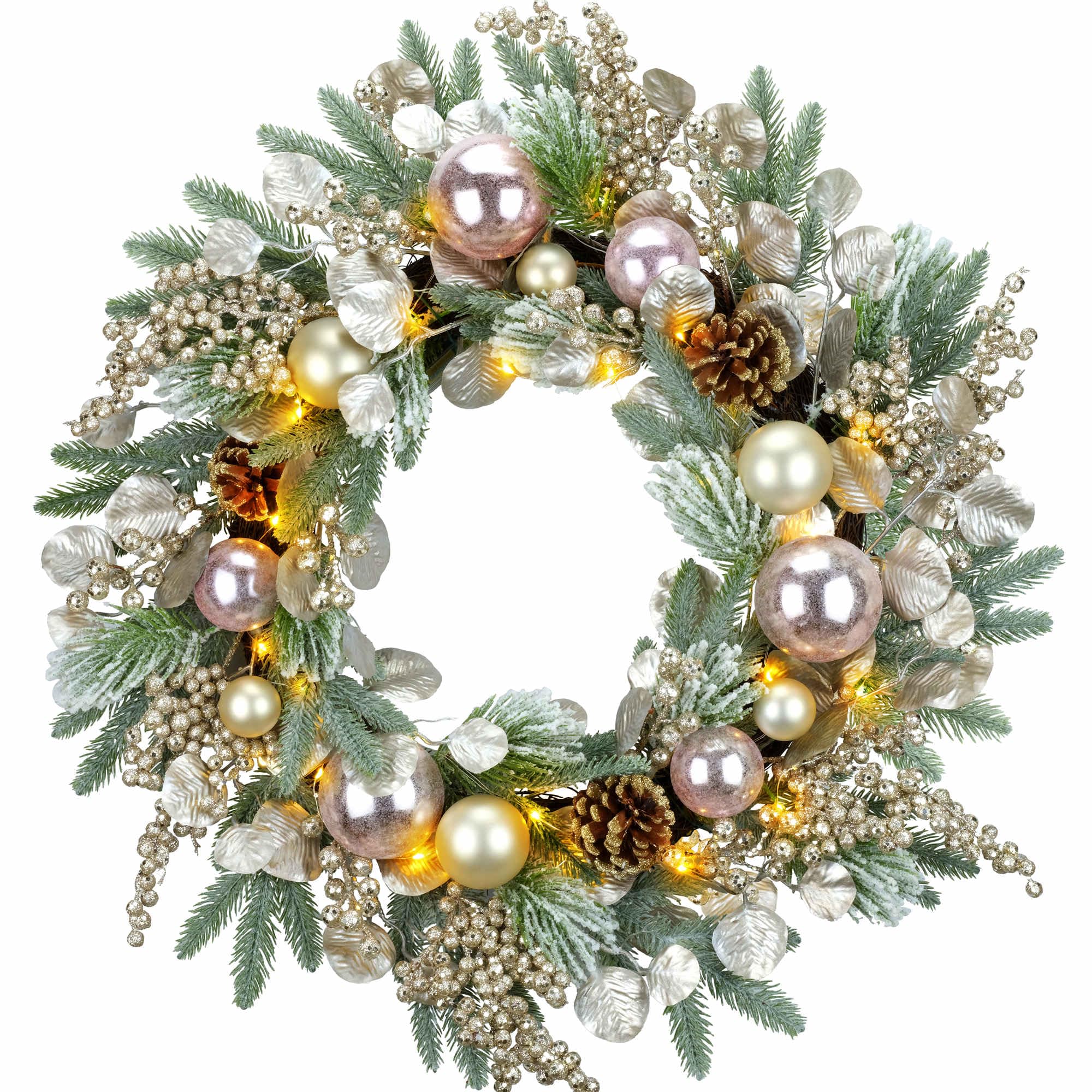 YULETIME Couronne De Noël Artificielle De 61 Cm Avec Boules, Baies, Feuilles, Branches D'épinette, Aiguilles De Pin Enneigé (boule Rose