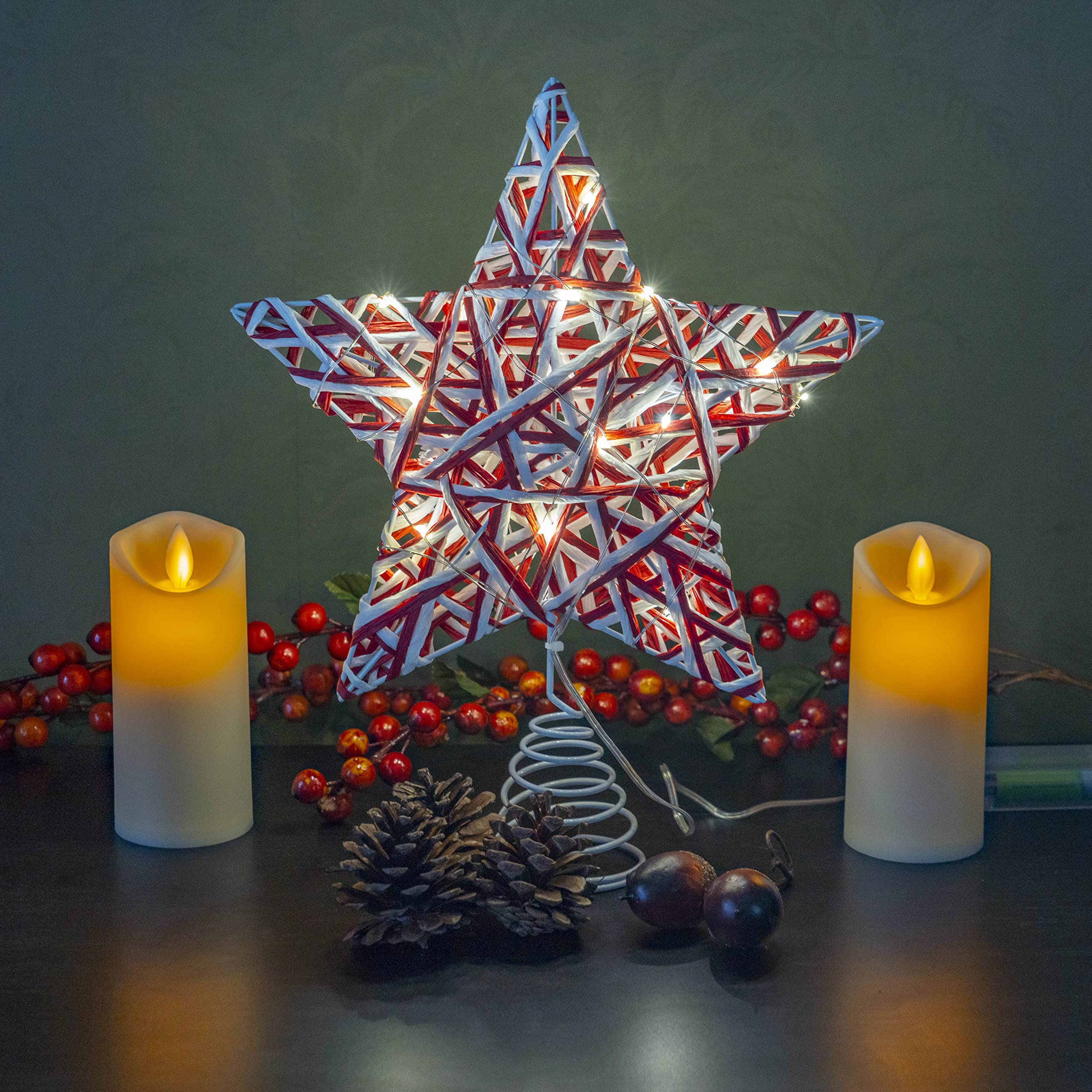 Ornativity Puntale per albero di Natale a forma di stella in rattan, rosso e bianco, decorazione natalizia rustica con luci a LED, 30,5 cm