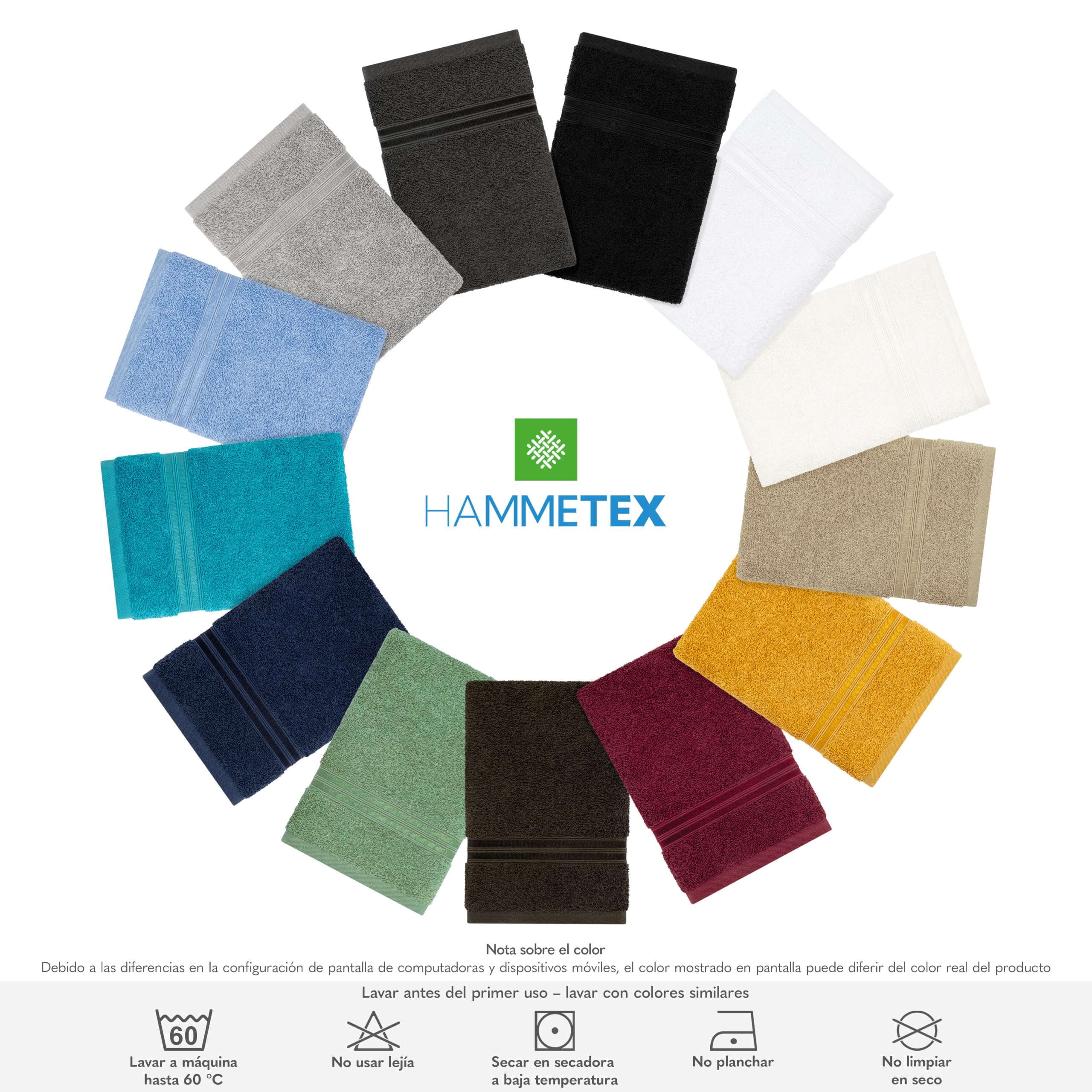 Hammetex Juego 6 Toallas, 2 de Baño 70x140 + 4 de Mano 50x100 cm, Algodón | 100% algodón rizo, certificadas OEKO-TEX, suaves y absorbentes, con presilla, toallas de ducha para el baño