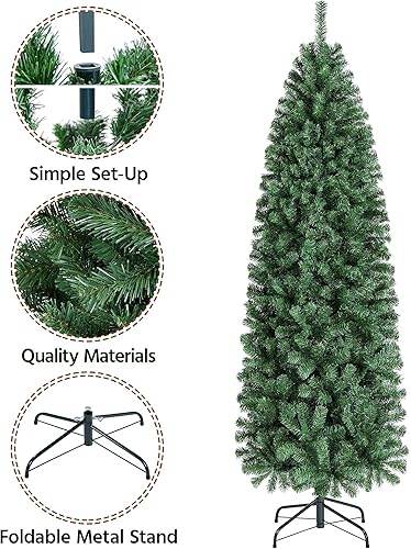 Miniatura 5 de Yaheetech Árbol de Navidad artificial de abeto Kingswood sin luz, de 6 pies, árbol de Navidad delgado con bisagras con 814 puntas de ramas y soporte