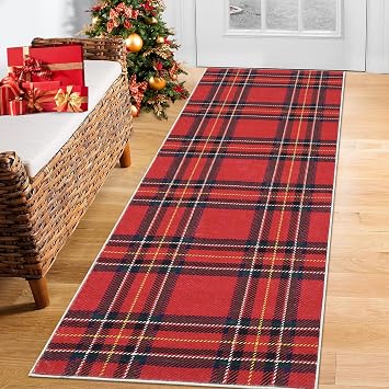ROYHOME Christmas Runner Rug Buffalo Plaid Hallway Area Rug Red 2x6 Feet