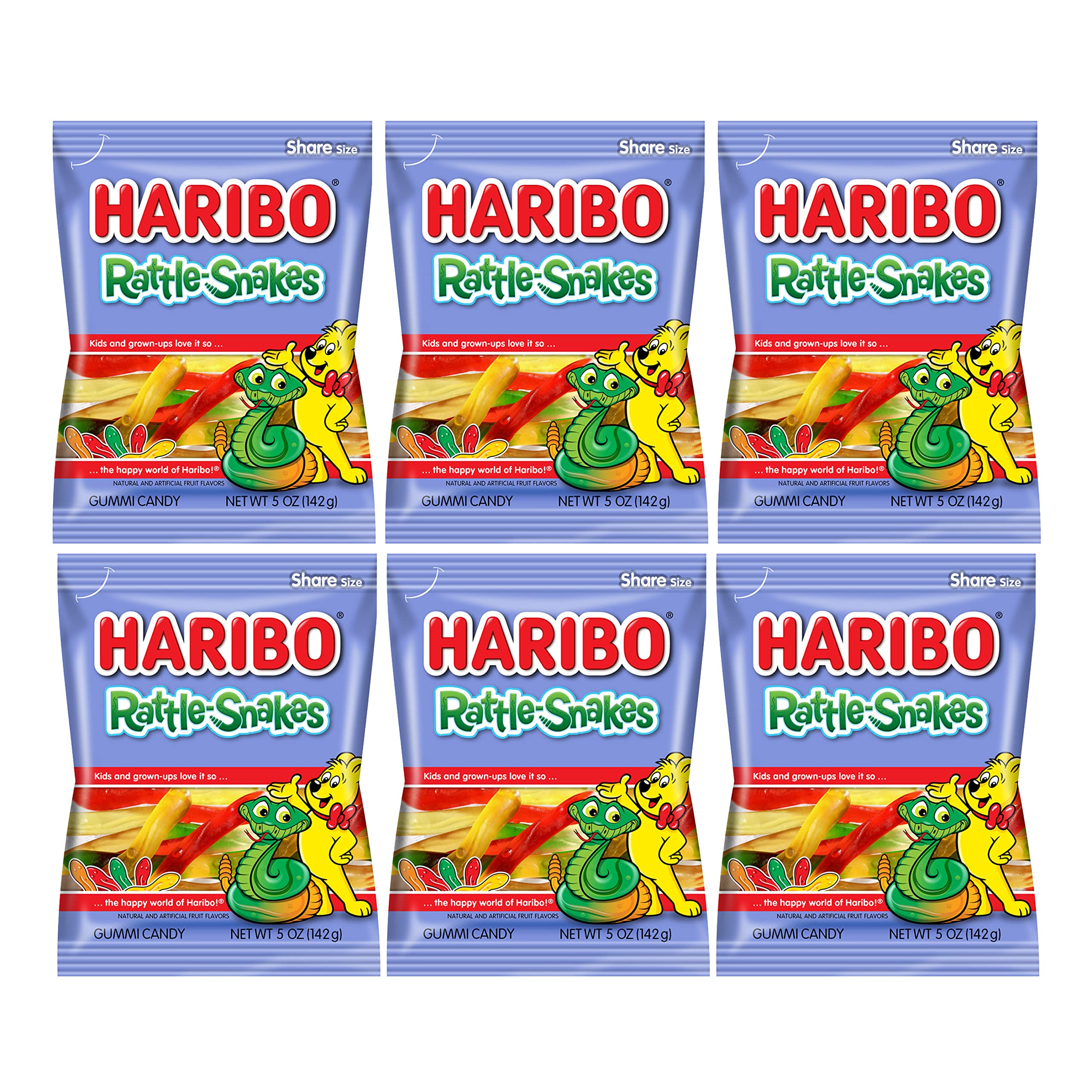 Haribo Rattlesnakes Pack of 6 (5oz Bags) Natural Fruit Flavored Gummi Candy for Movie Nights, Halloween, Easter, and More in a King of Sweets Bulk Bag