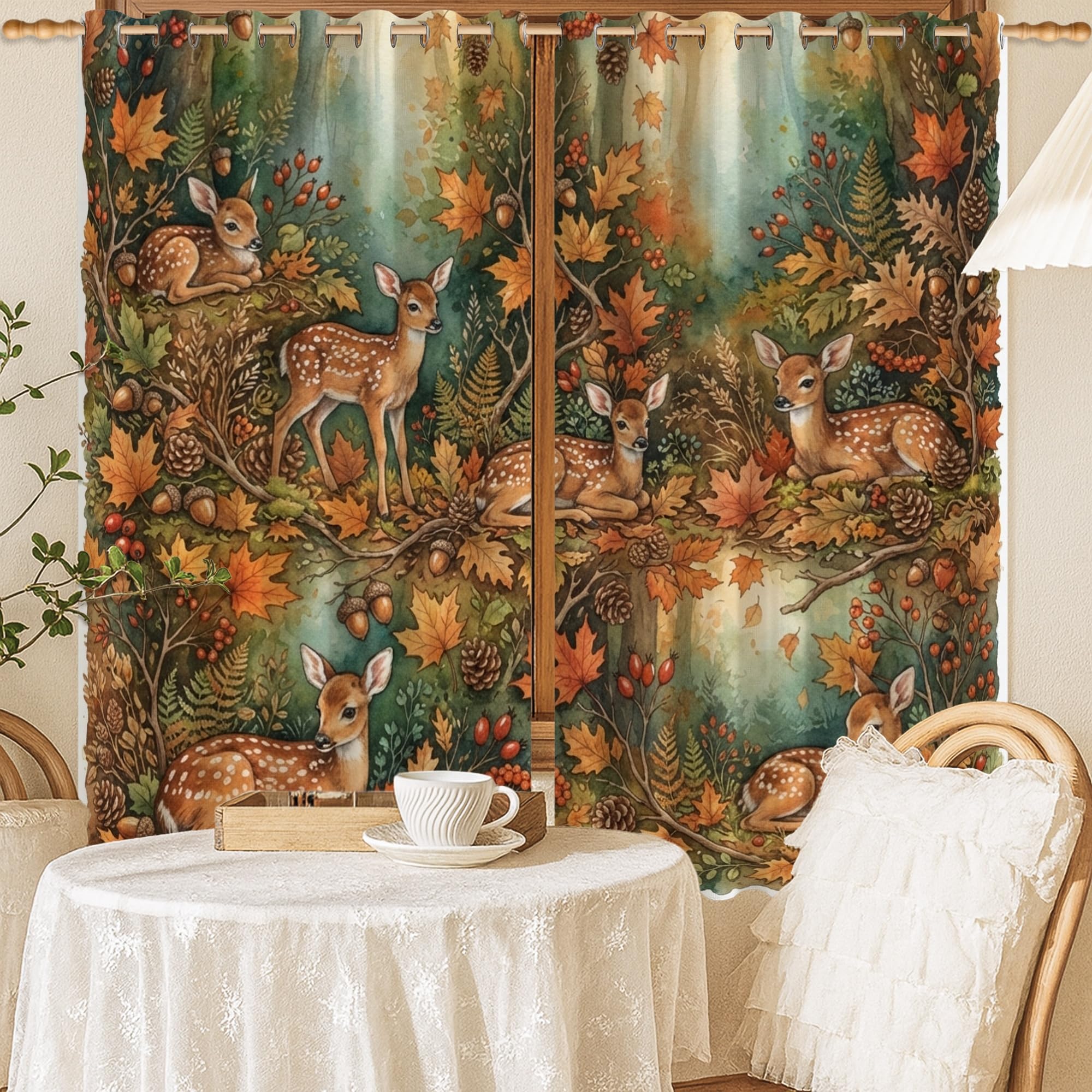 Rideaux occultants motif cerf feuilles rustiques marron