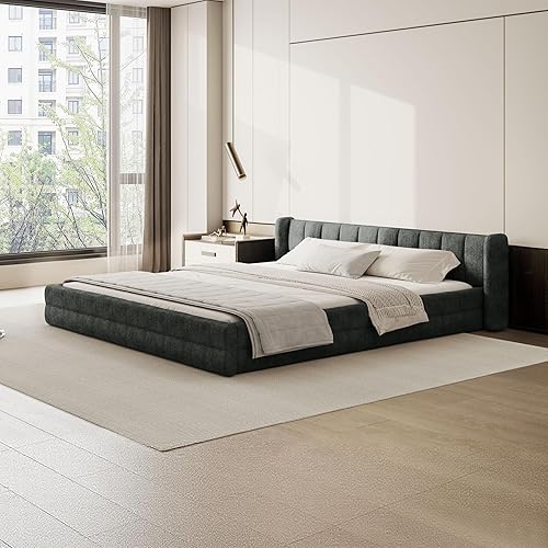 Miniatura 15 de DEINPPA Bastidor de cama tamaño Queen con 4 cajones de almacenamiento y cabecera suave tipo nube, base de madera con tapizado de chenilla, no