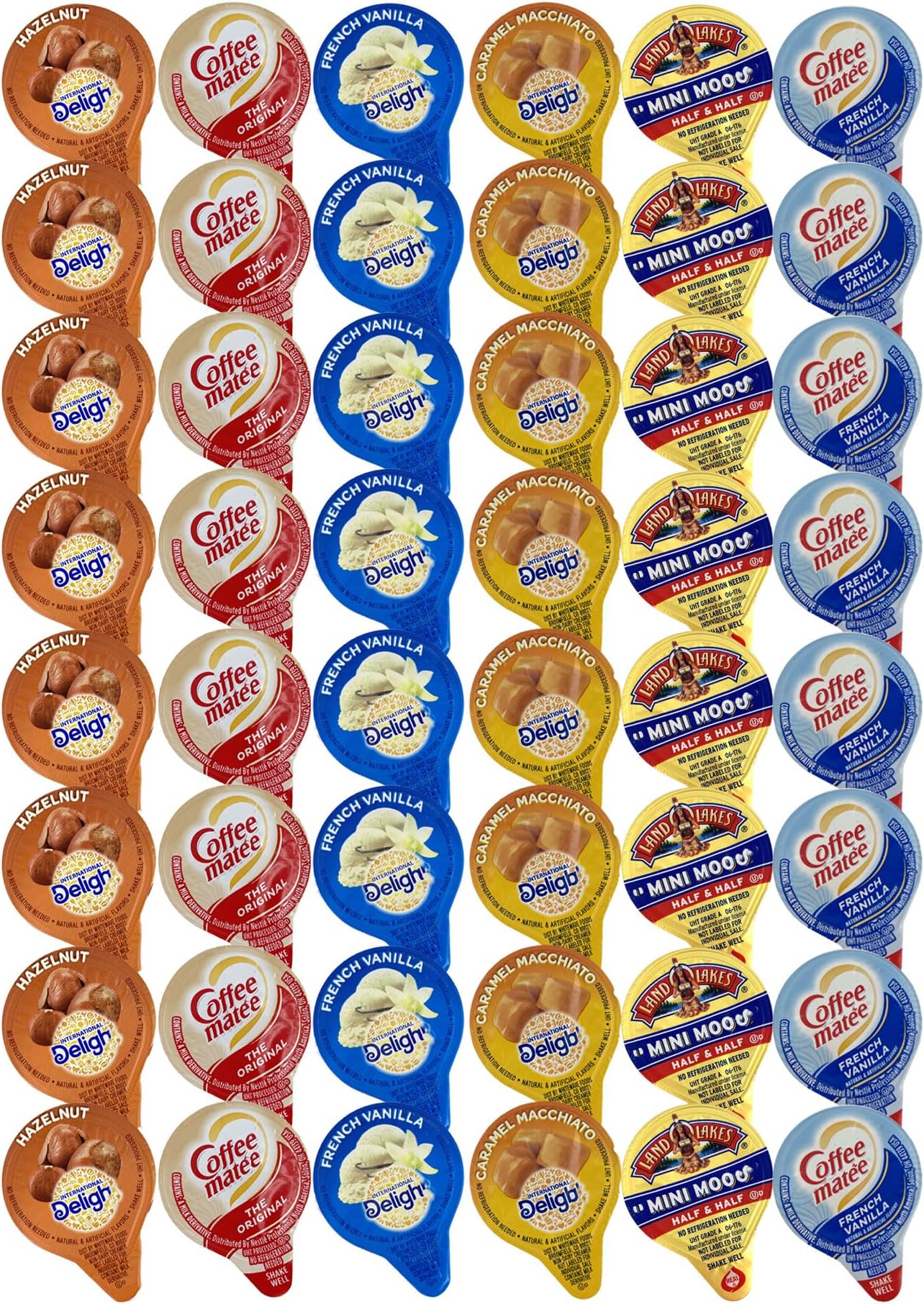 48 Assorted Coffee Creamer Singles Pack - 6 Flavored Variety Bundle, Including Caramel Macchiato, Half & Half, French Vanilla, and Hazelnut