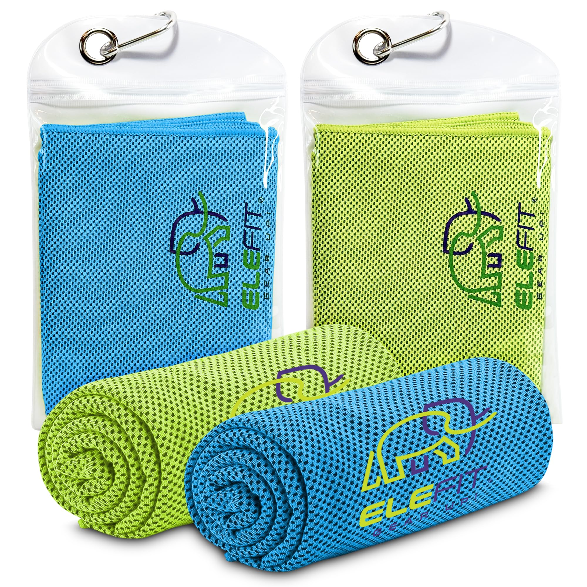 ELEFIT Cooling Towels, Set of 2, Mesh Sports Towels with Carrying Case, Blue and Green (Green)