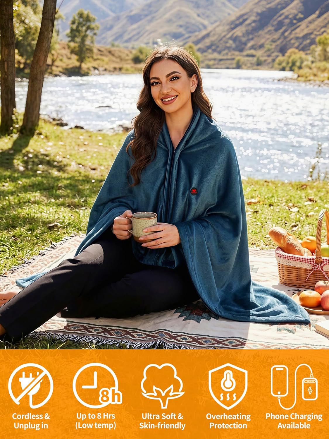 Heated Blanket Battery Operated, Electric Heating Blanket for Neck and Shoulders and Back, Portable Heated Shawl with Zipper, 20000mAh, 3 Heating Levels, up to 8 Hours