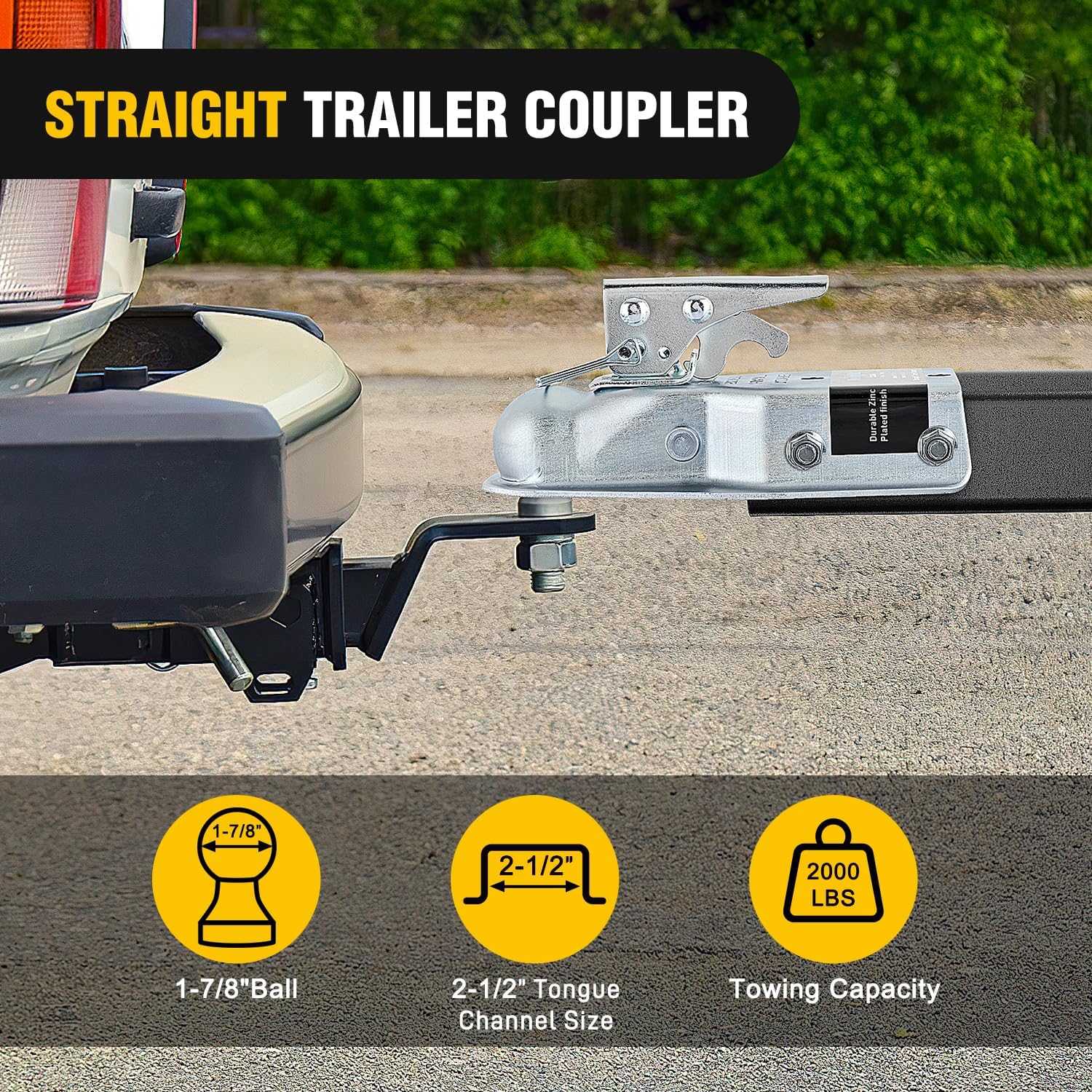 Nilight Straight Trailer Coupler with Safety Latch&Chain for 1-7/8 Inch Hitch Ball, 2-1/2 Inch Channel,2000 LBS,Heavy Duty Trailler Tongue Coupler for Station Wagon, Truck, Bolted&Welded Installation