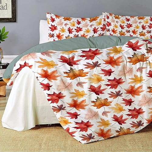 Miniatura 3 de Juego de funda de edredón de 3 piezas de hojas de otoño, tamaño Queen de 90 x 90 pulgadas, con 2 fundas de almohada, juego de funda de edredón de