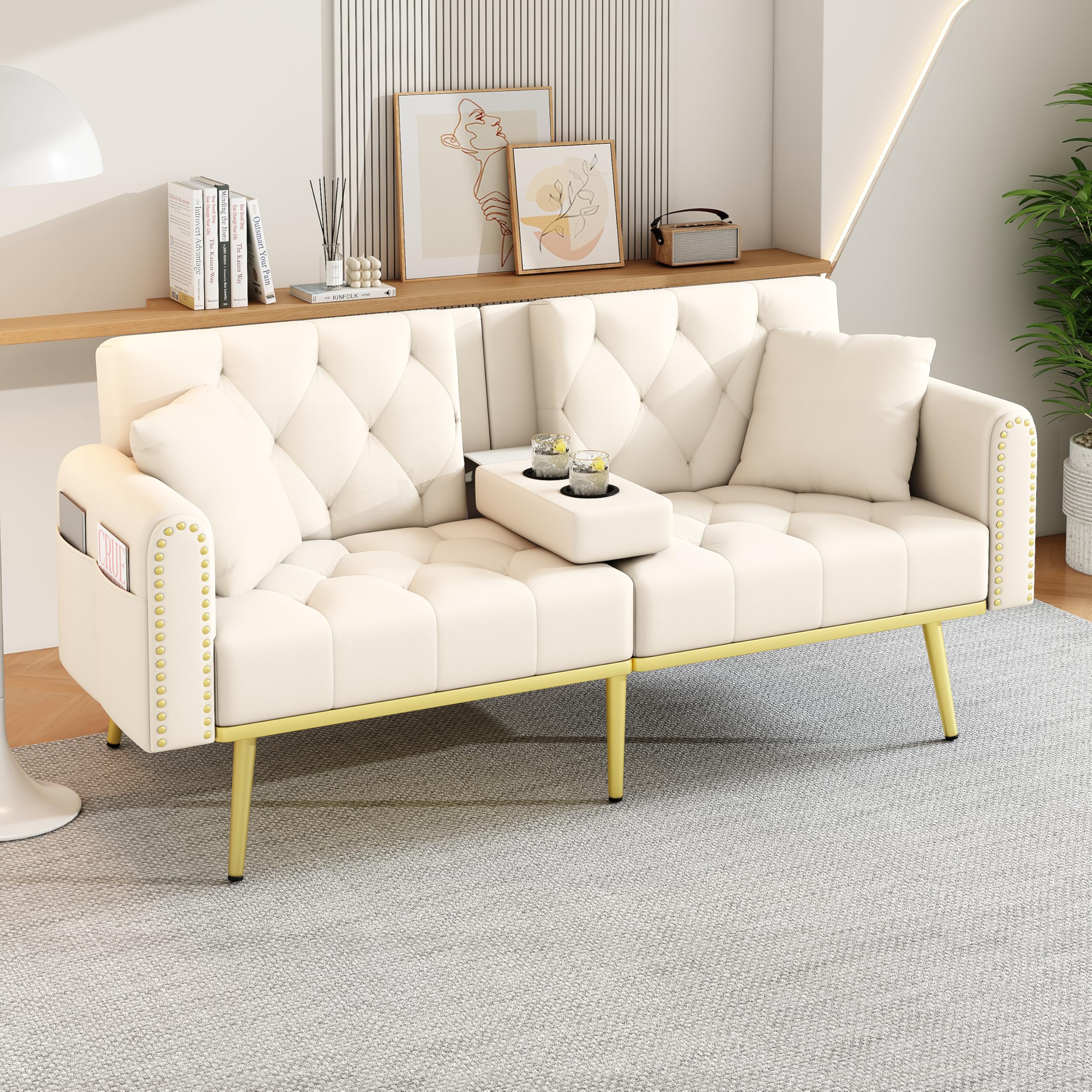 Divano letto doppio pieghevole, beige, 80 x 180 cm, con funzione sdraio, tre angoli di inclinazione regolabili e portabevande, adatto per soggiorno, camera da letto, camera degli ospiti