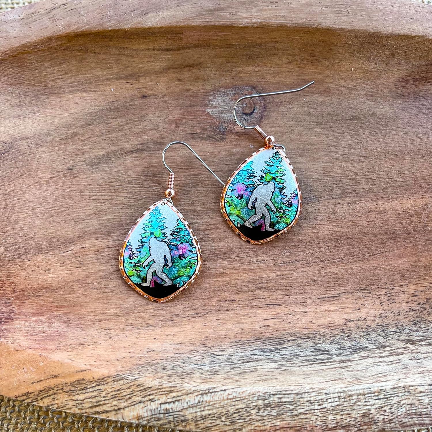 Sasquatch Earrings Featuring Bigfoot Walking in Forest - Copper Bigfoot Jewelry Design, Sasquatch Collection - Gifts for Enthusiasts