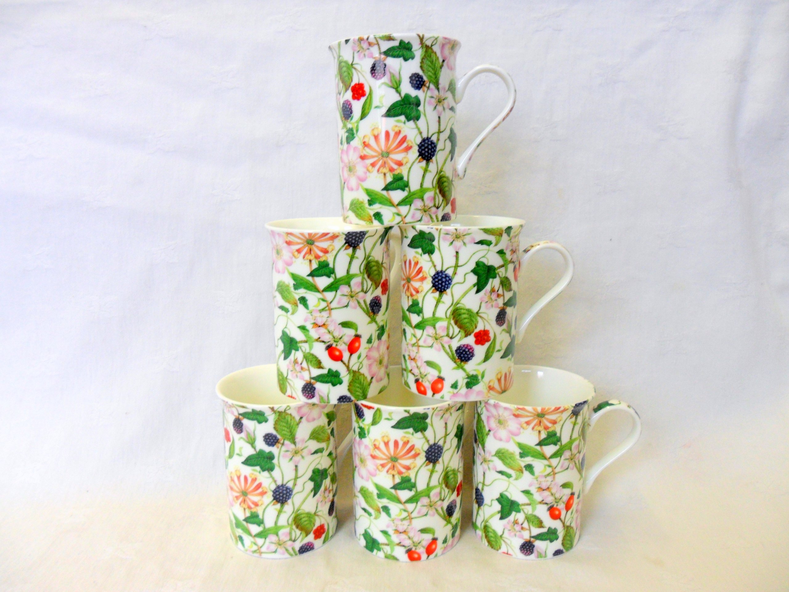Heron Cross Pottery "Abbeydale Collection" Hedgerow Design Set Of 6 China 10Oz Mugs In