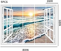 Vista 2 de FLFK Adhesivo falso para pared para ventana, mural de pared de ventana de playa de atardecer para decoración de pared, calcomanías de pared