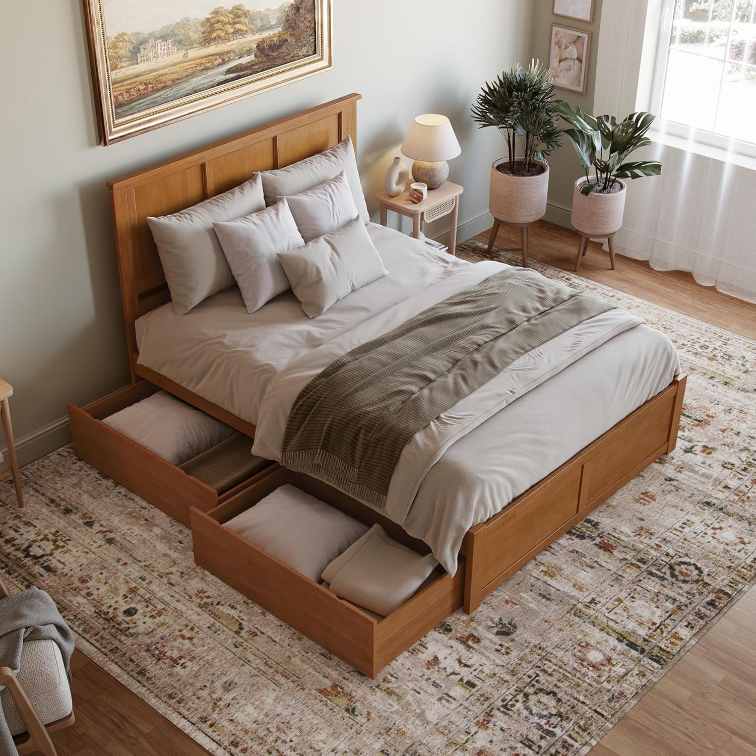 AFI, Madison Queen Platform Bed with Footboard and Storage Drawers, Light Toffee