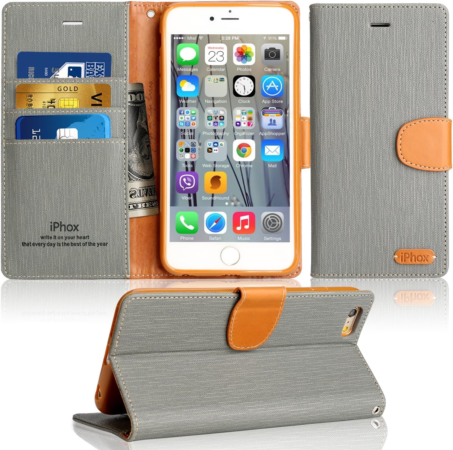 iPhone 8 Plus / 7 Plus Leather Case, IPHOX Premium Folio Leather Wallet Case with [Kickstand] [Card Slots] [Magnetic Closure] [Hand Strap] Flip Notebook Cover Case E (Gray)