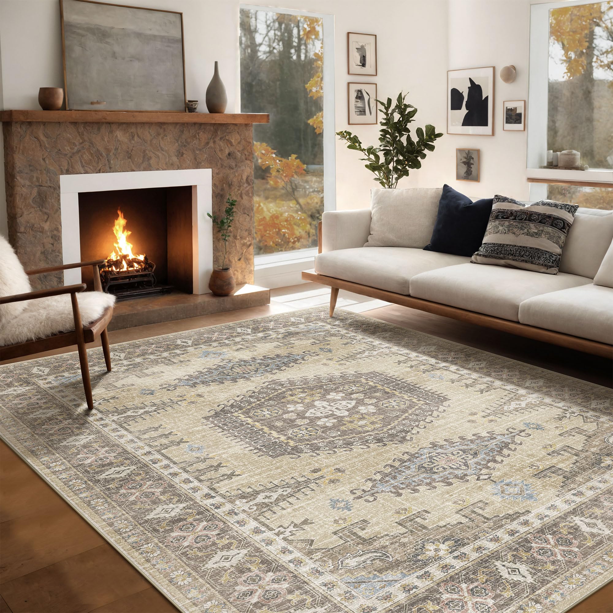 Kokia Area Rugs Living Room 8x10 Ultra-Thin No Pile Washable Brown Large Area Rug Bedroom Geometric Tribal Distressed Lightweight Carpet for Dining Room Home Office, Solani Brown-1
