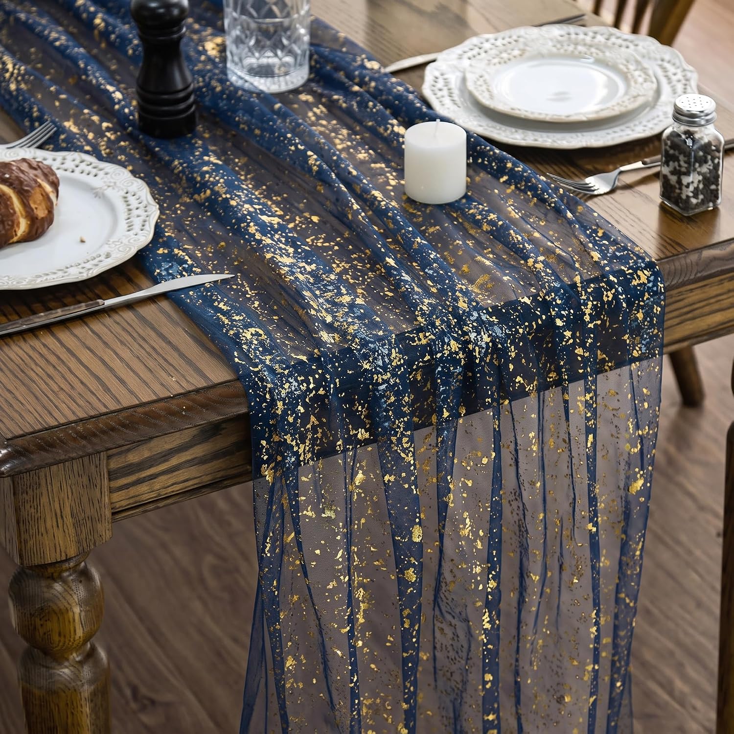 Beige Gold Table Runner 10FT, Gauze Sheer Long Sequin Glitter Dining Wedding Table Runner for Engagement Party Birthday Graduation Decorations Table Decor