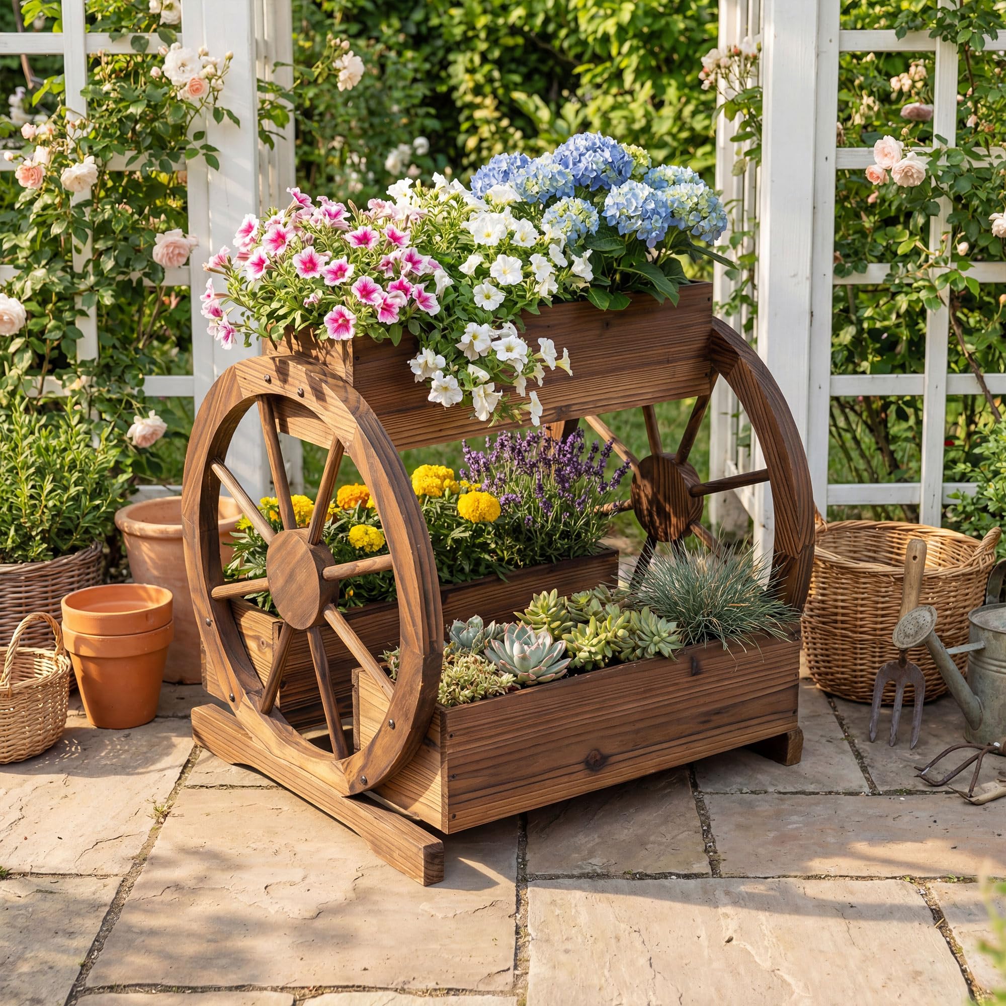 HOMASIS Jardinière Surélevée à 2/3 Niveaux en Bois, Bacs à Fleurs en Forme de Chariot avec roulettes, Trous de Drainage et Gants, pour Jardin, Balcon, Terrasse, Marron (61,5 x 55 x 59 cm)
