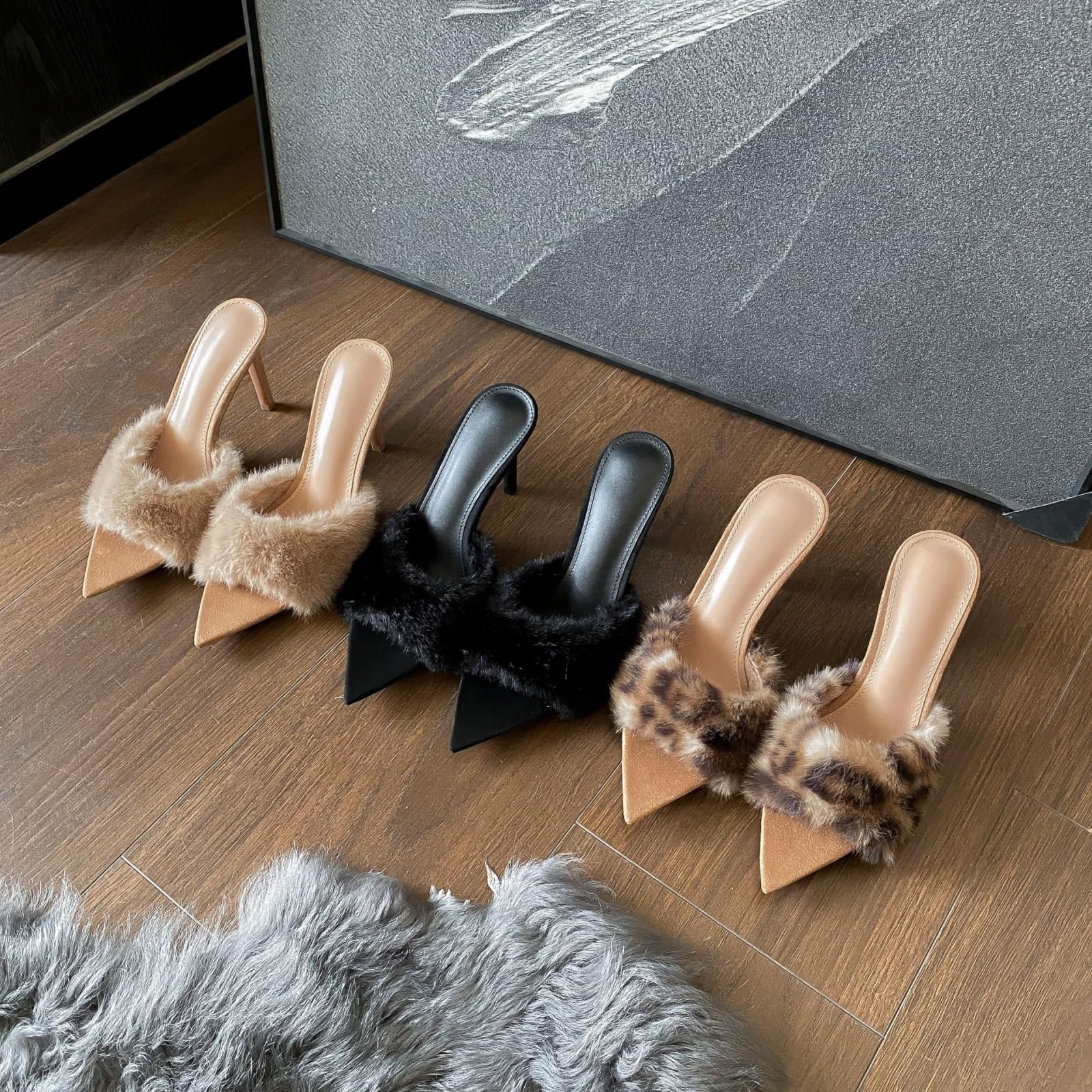JJDFW - Pantuflas puntiagudas para mujer, con correa peluda, tacón de gatito, zapatos de vestir para otoño e invierno, oficina, viajes, tacones de aguja