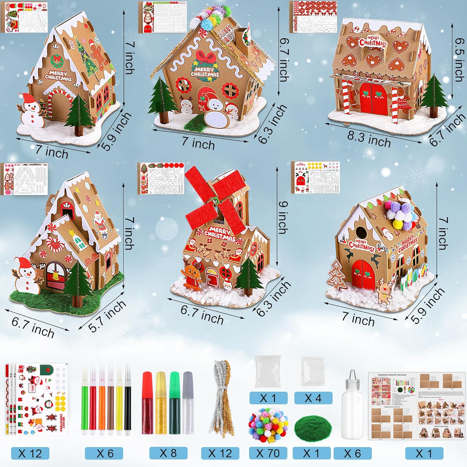Fovths 6 Sets DIY Christmas Gingerbread House Kit 3D Christmas Cardboard Craft House Decoration DIY Build Gingerbread Houses for Holiday Arts Crafts Fun Home Activity Party Favors, Classic Style