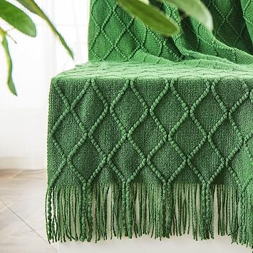 inhand Green Knitted Throw Blanket for Couch and Bed, St. Patricks Day Lucky Spring Gifts Throw for Her or Him, Soft Farmhouse Woven Blanket with Tassel, Lightweight Decorative, 50"x60"