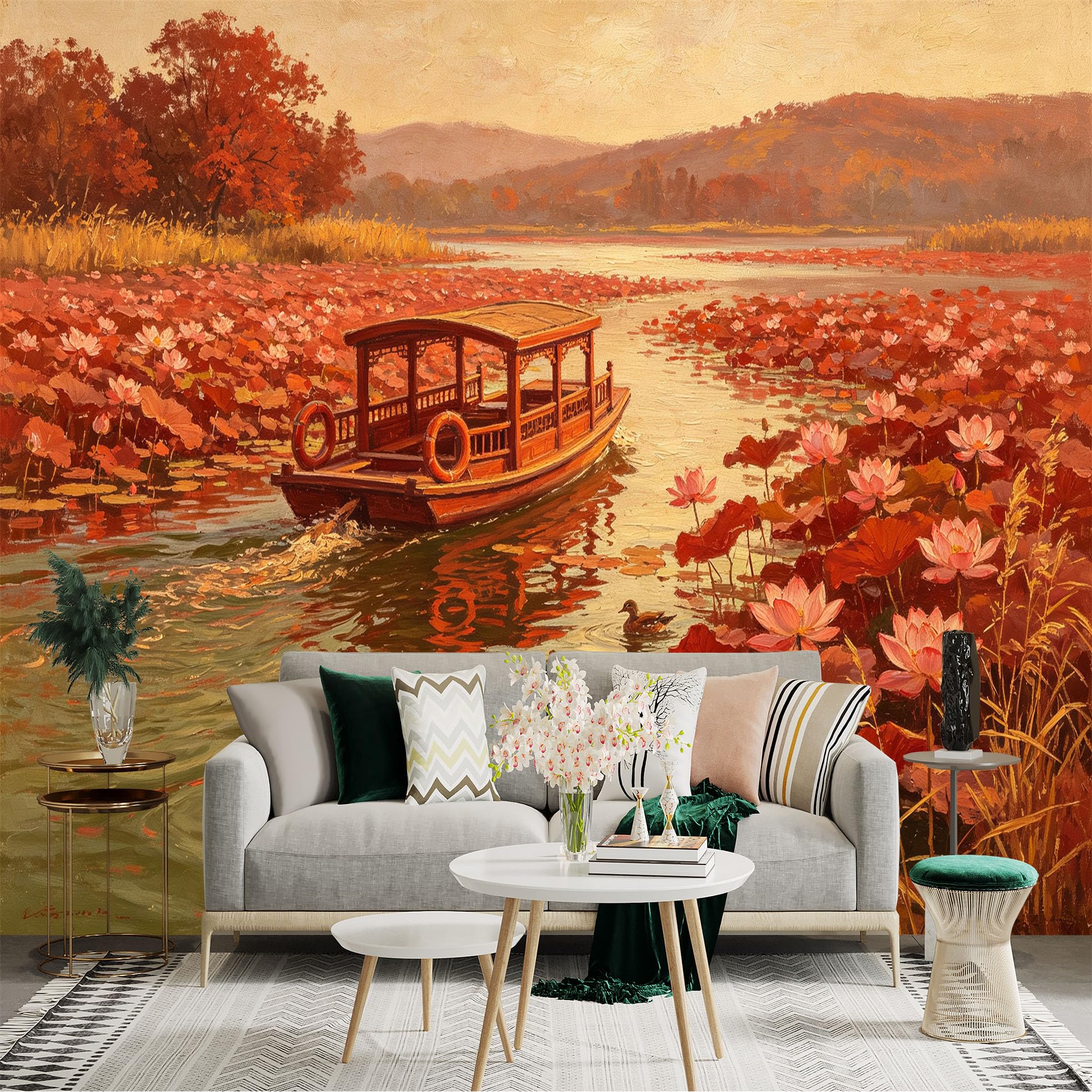 Custom Size Wall Sticker Mural， Traditional Wooden Boat on Lotus Pond， Autumn Sunset Landscape， Serene Waterfowl Scene， for wall Decoration， peelandstick wall Decals.